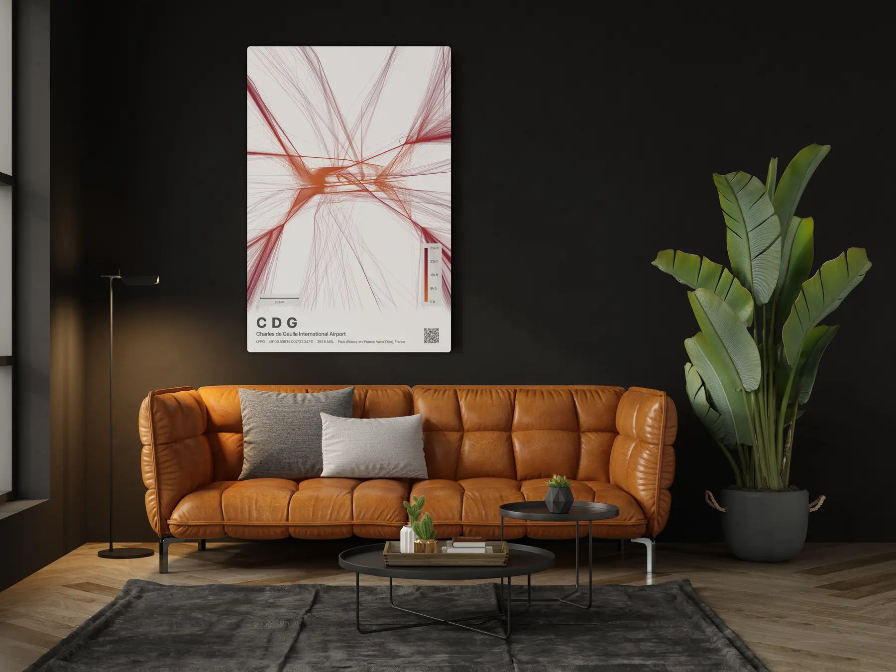 CDG flight path print — Inferno theme · Light in living-room setting [hotspot:46]