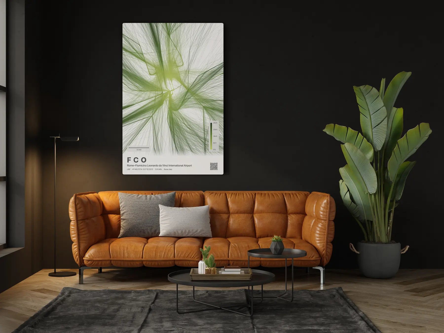 FCO flight path print — Citrus theme · Light in living-room setting [hotspot:46]