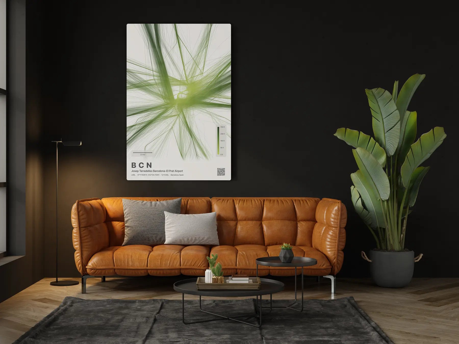 BCN flight path print — Citrus theme · Light in living-room setting [hotspot:46]