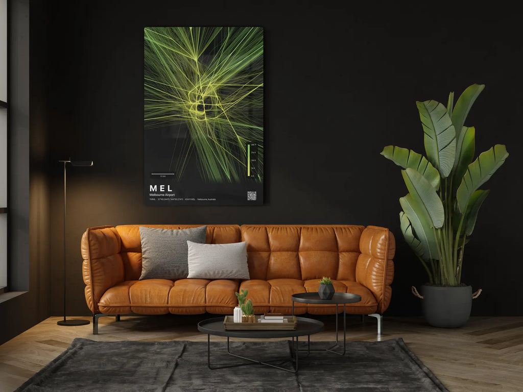 MEL flight path print — Citrus theme · Dark in living-room setting [hotspot:46]