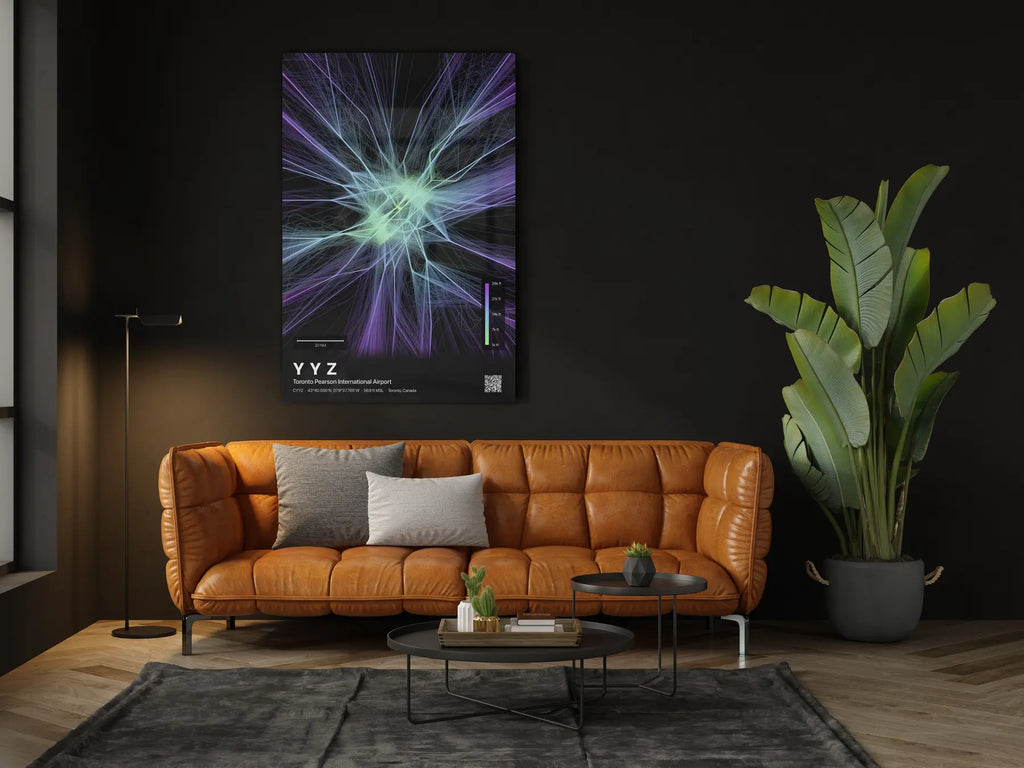 YYZ flight path print — Prism theme · Dark in living-room setting [hotspot:46]