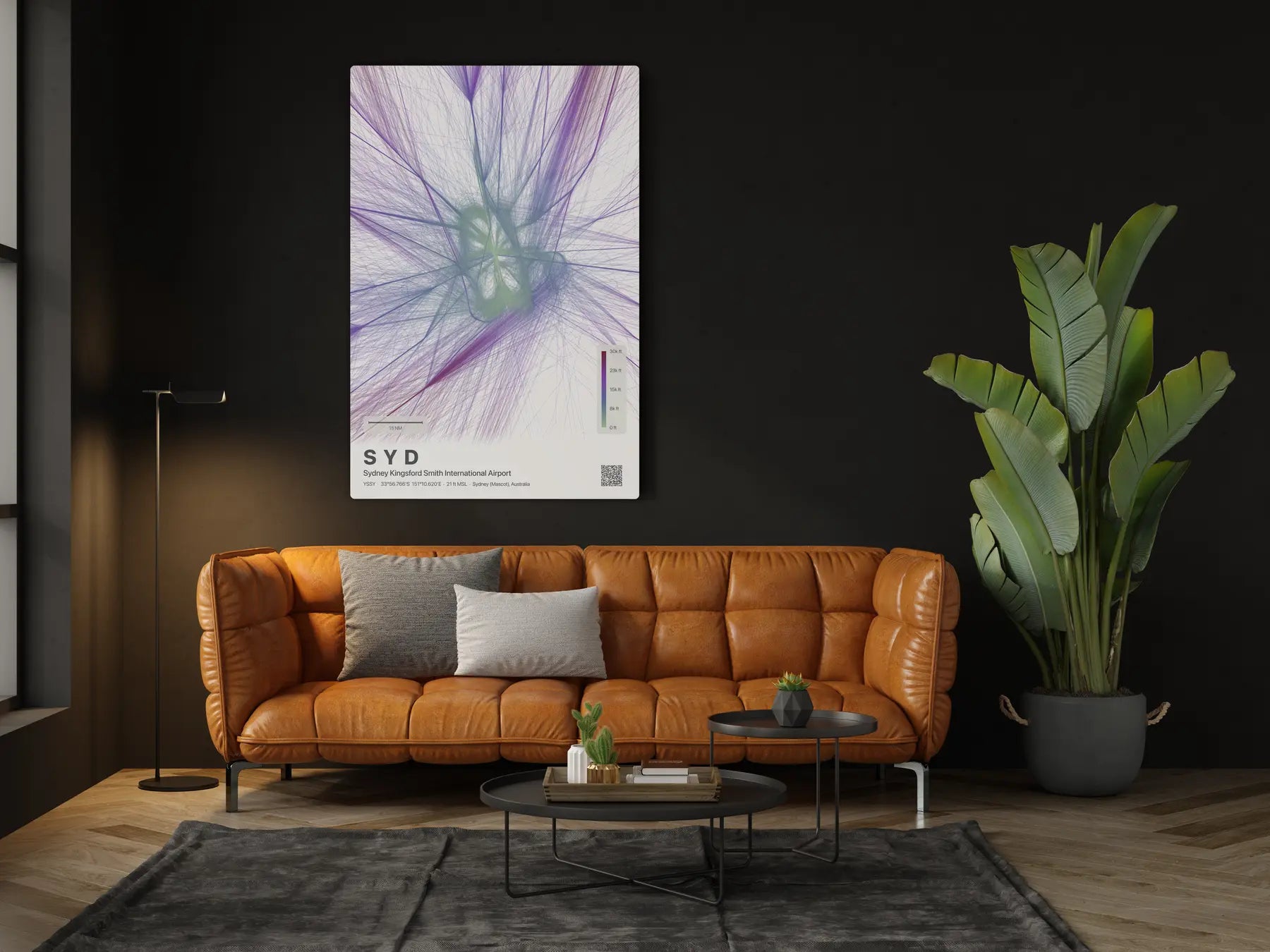 SYD flight path print — Prism theme · Light in living-room setting [hotspot:46]