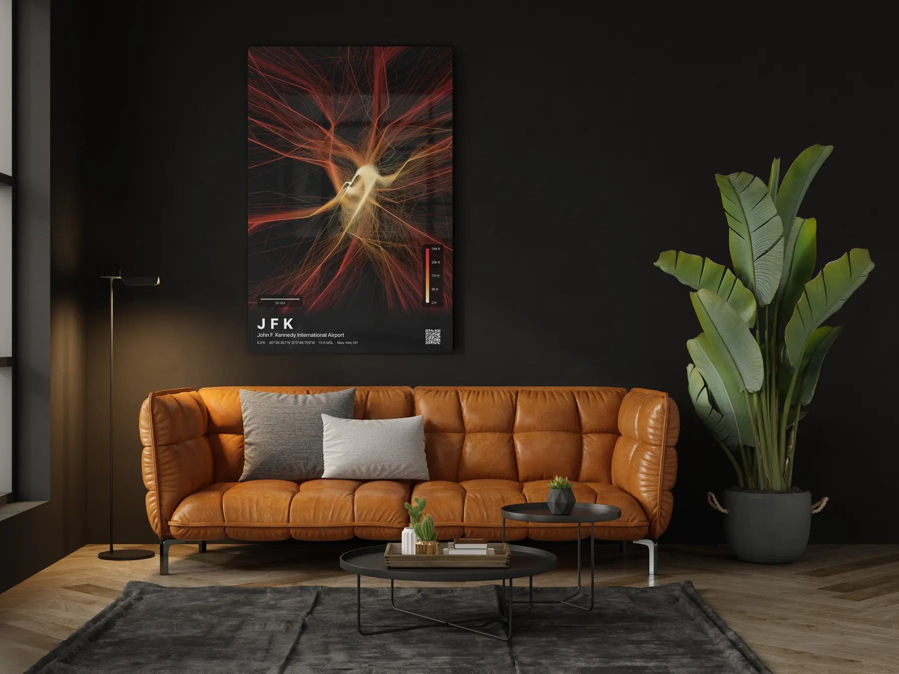 JFK flight path print — Inferno theme · Dark in living-room setting [hotspot:46]