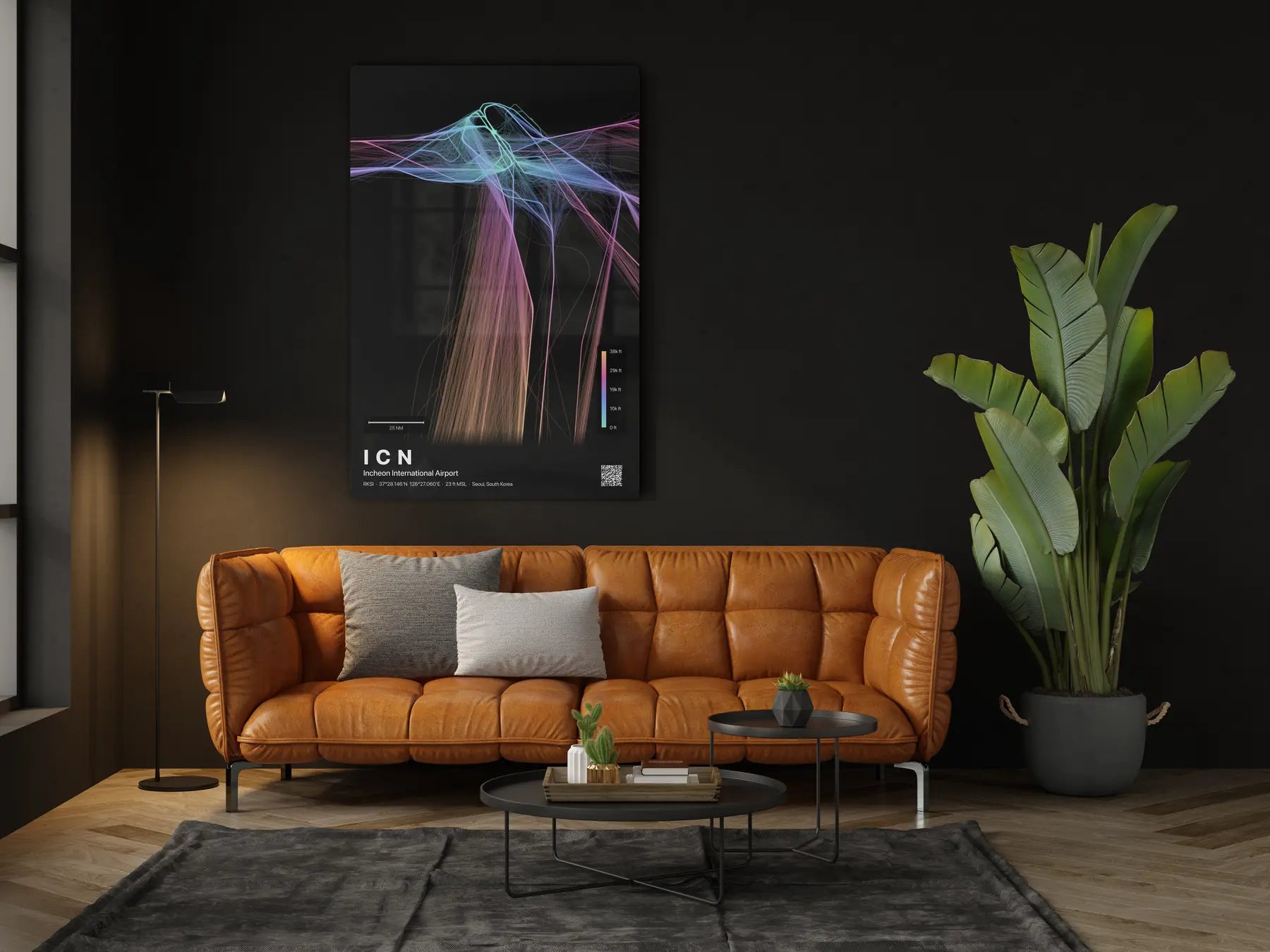 ICN flight path print — Aurora theme · Dark in living-room setting [hotspot:46]