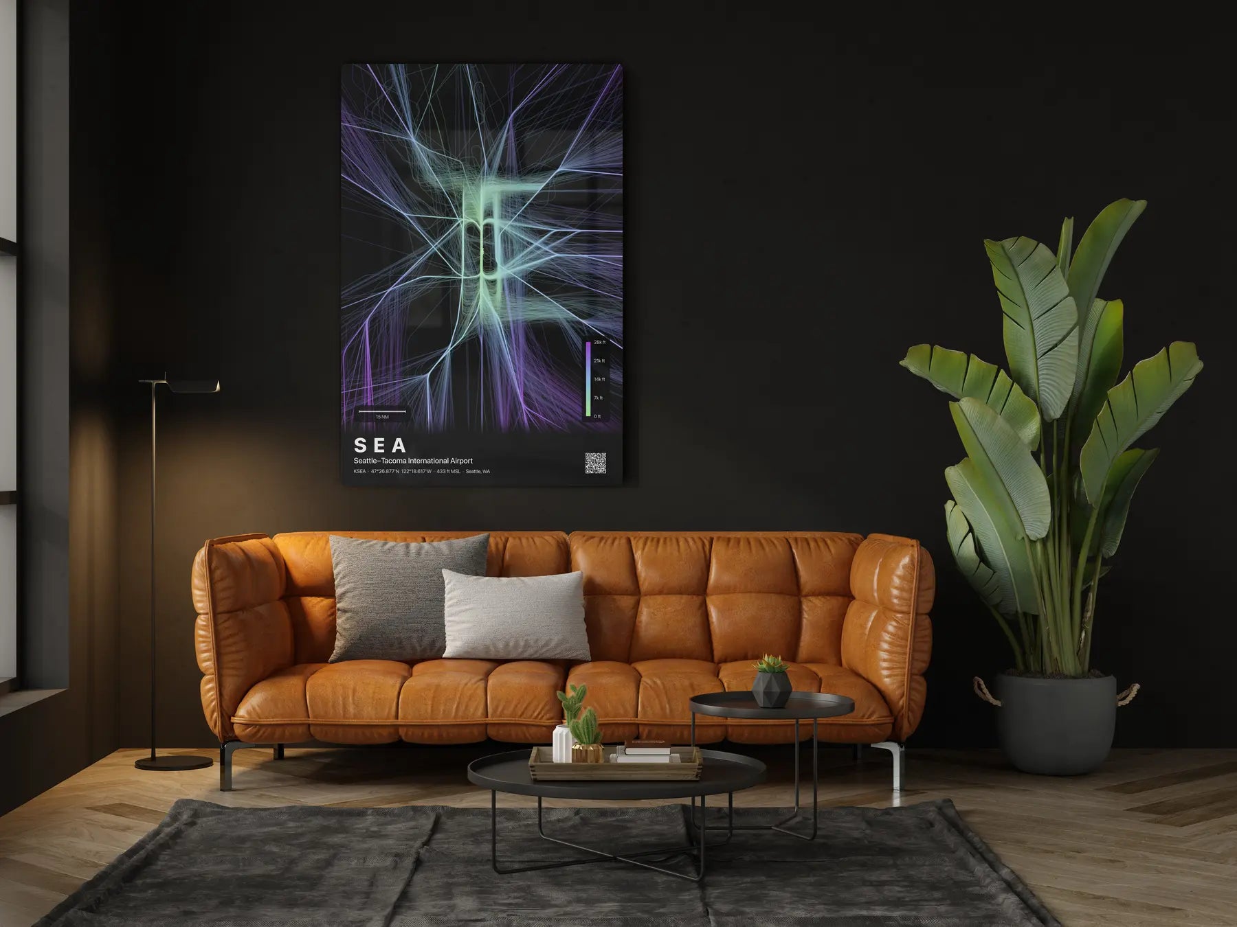 SEA flight path print — Prism theme · Dark in living-room setting [hotspot:46]
