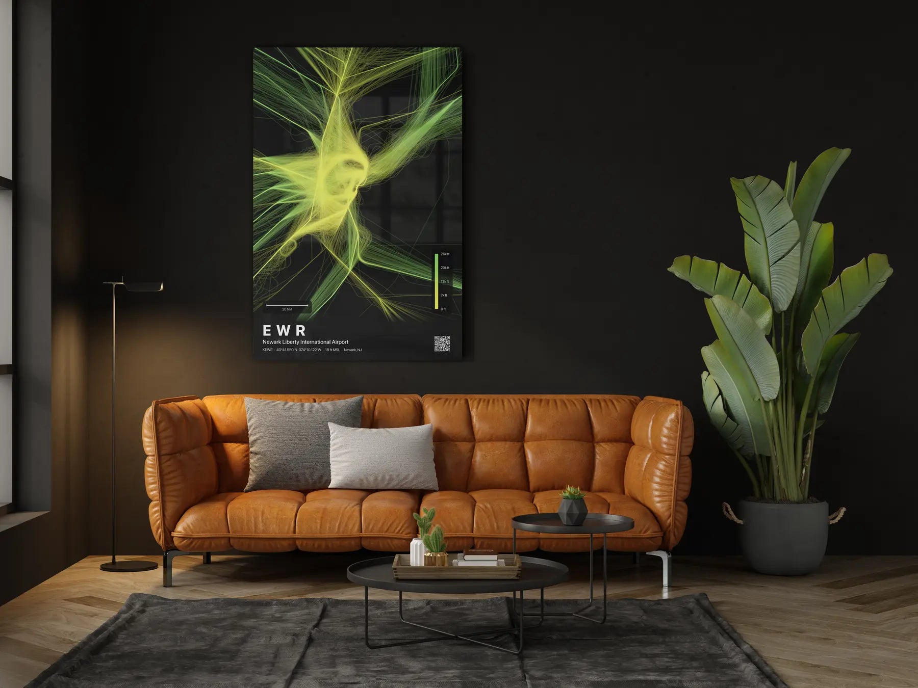 EWR flight path print — Citrus theme · Dark in living-room setting [hotspot:46]