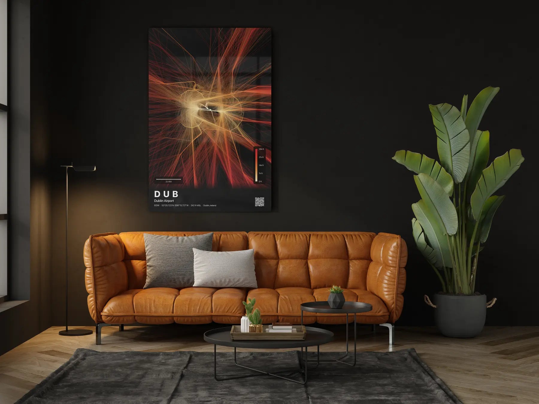 DUB flight path print — Inferno theme · Dark in living-room setting [hotspot:46]