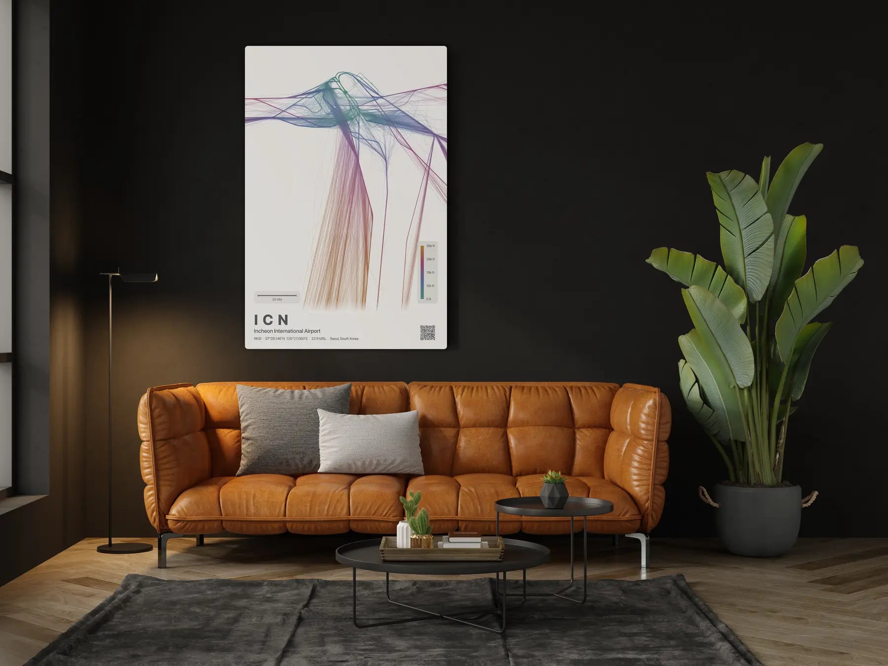 ICN flight path print — Aurora theme · Light in living-room setting [hotspot:46]