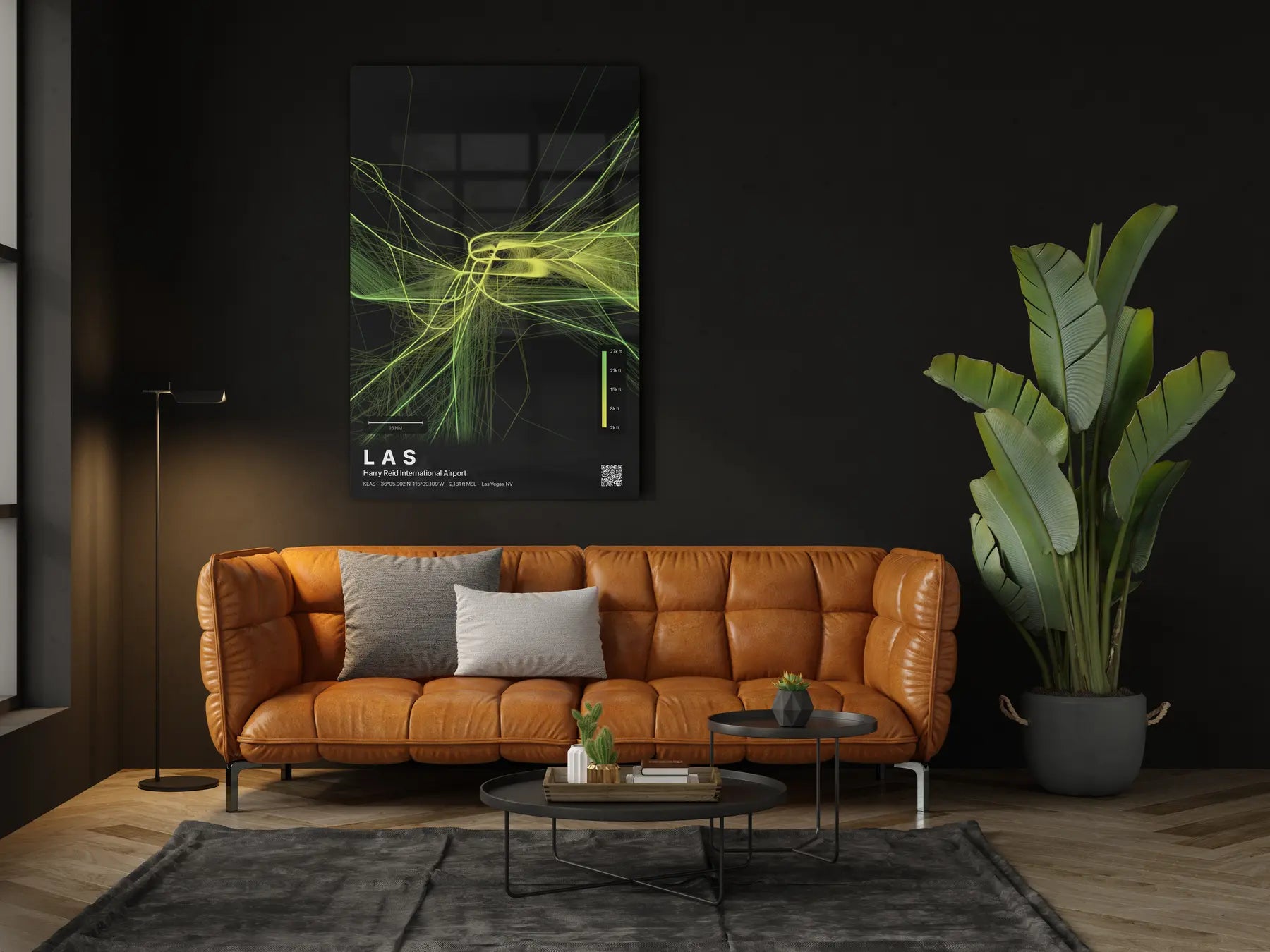LAS flight path print — Citrus theme · Dark in living-room setting [hotspot:46]