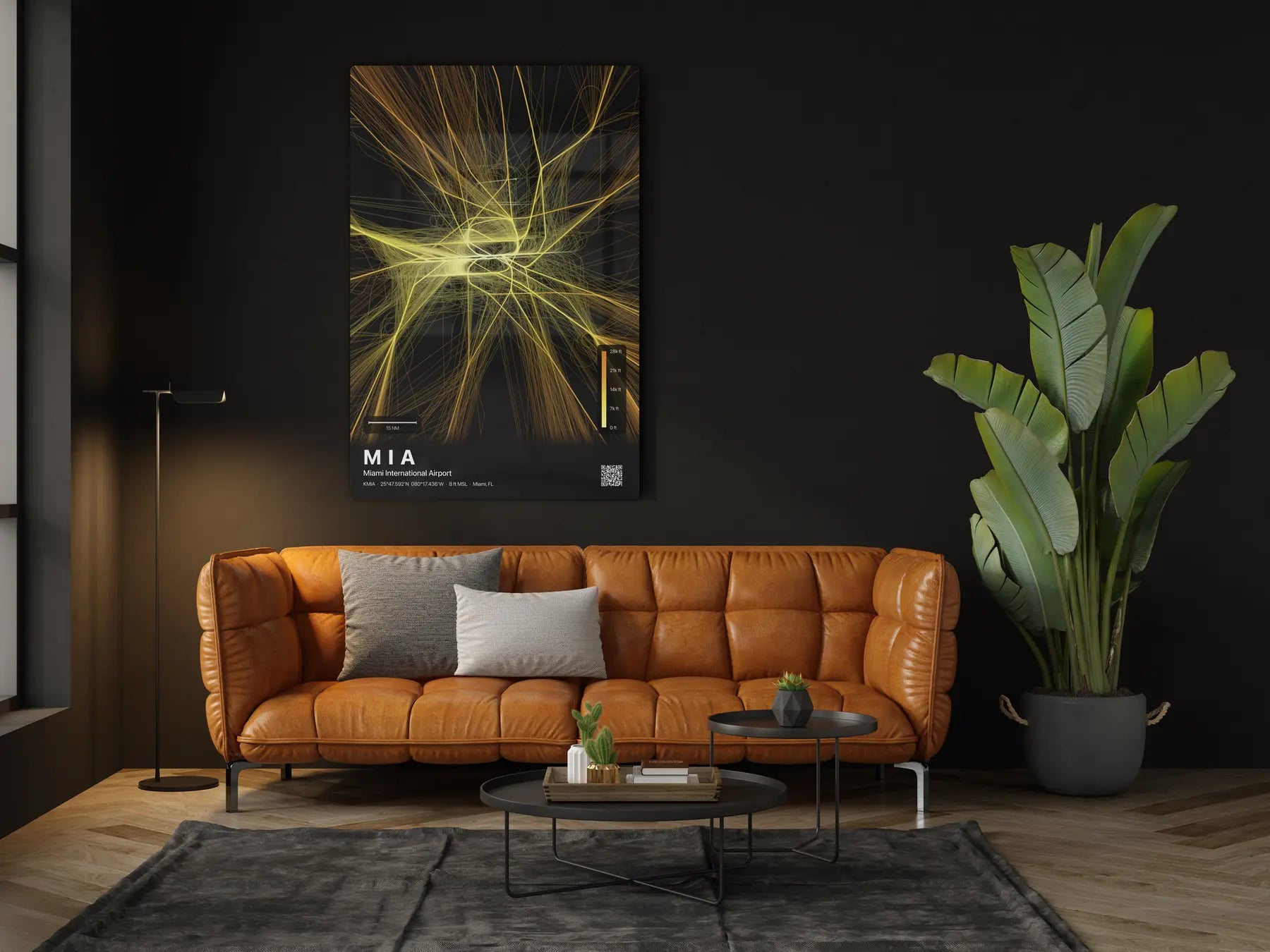 MIA flight path print — Solana theme · Dark in living-room setting [hotspot:46]