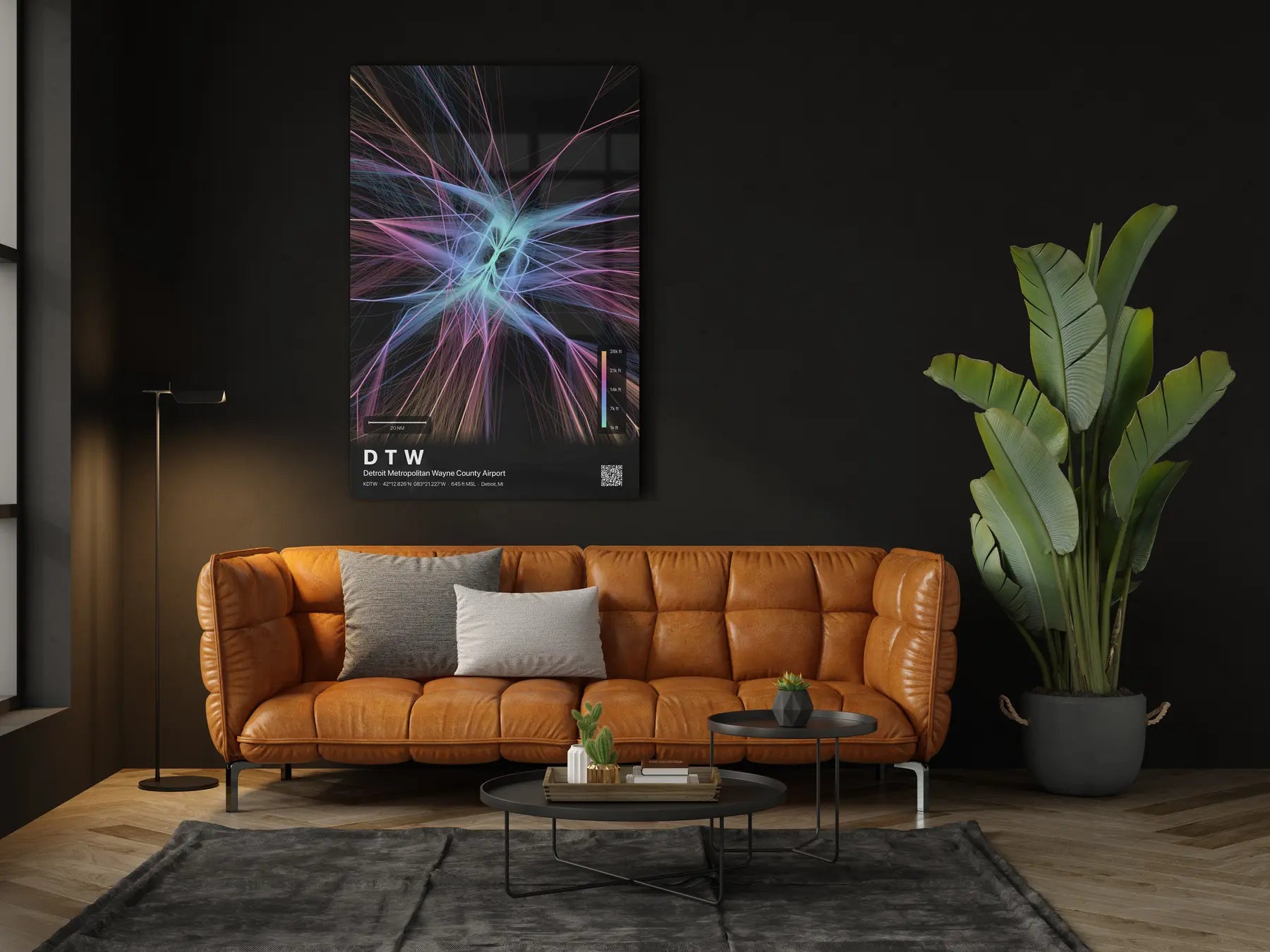 DTW flight path print — Aurora theme · Dark in living-room setting [hotspot:46]