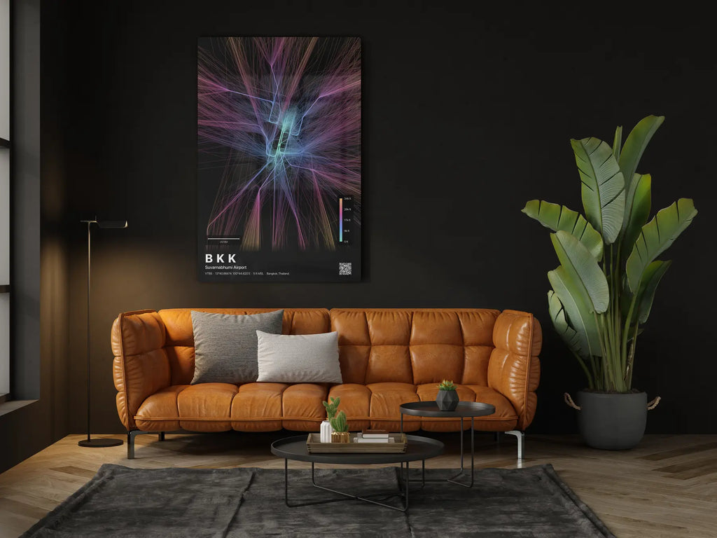 BKK flight path print — Aurora theme · Dark in living-room setting [hotspot:46]