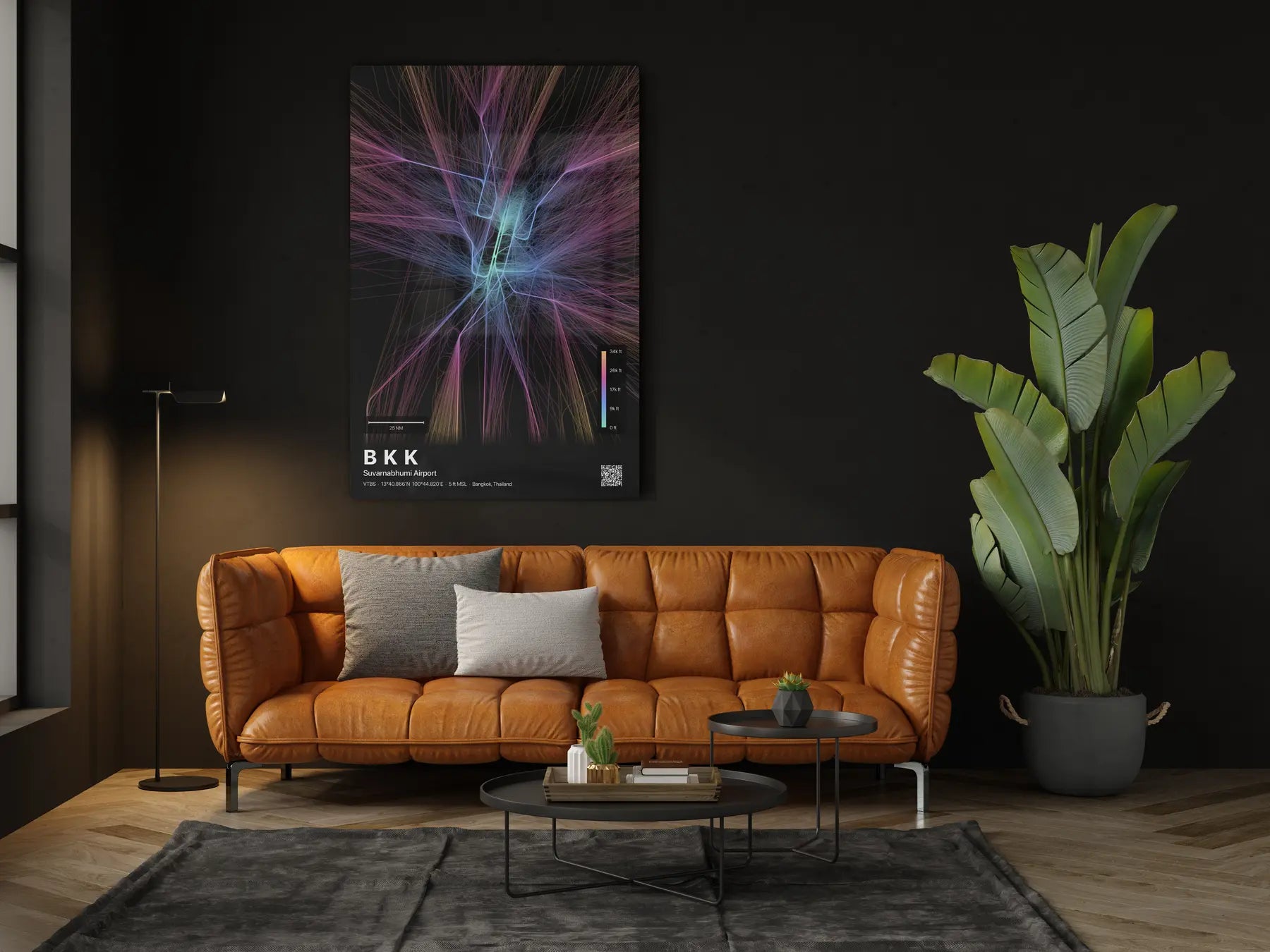 BKK flight path print — Aurora theme · Dark in living-room setting [hotspot:46]