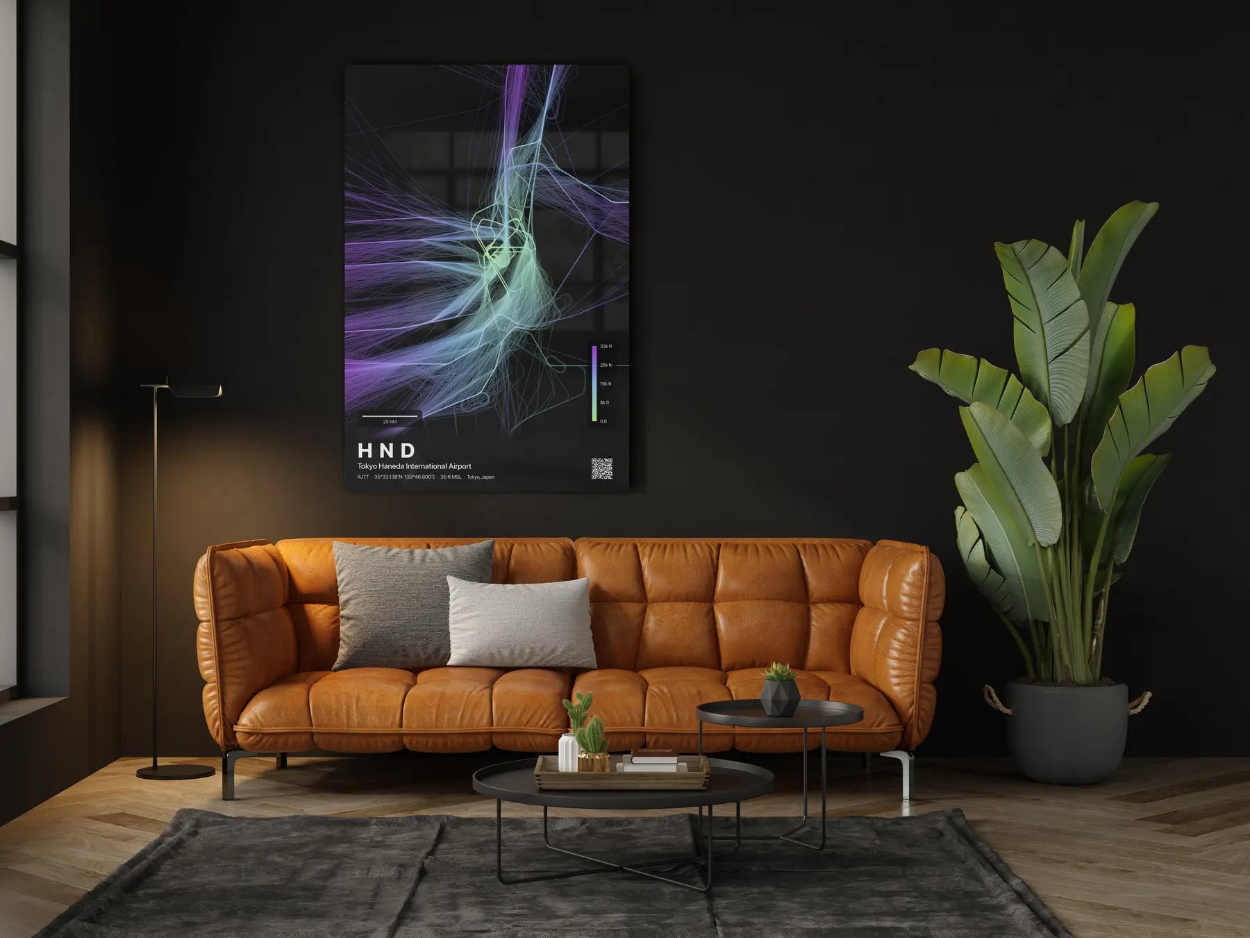 HND flight path print — Prism theme · Dark in living-room setting [hotspot:46]