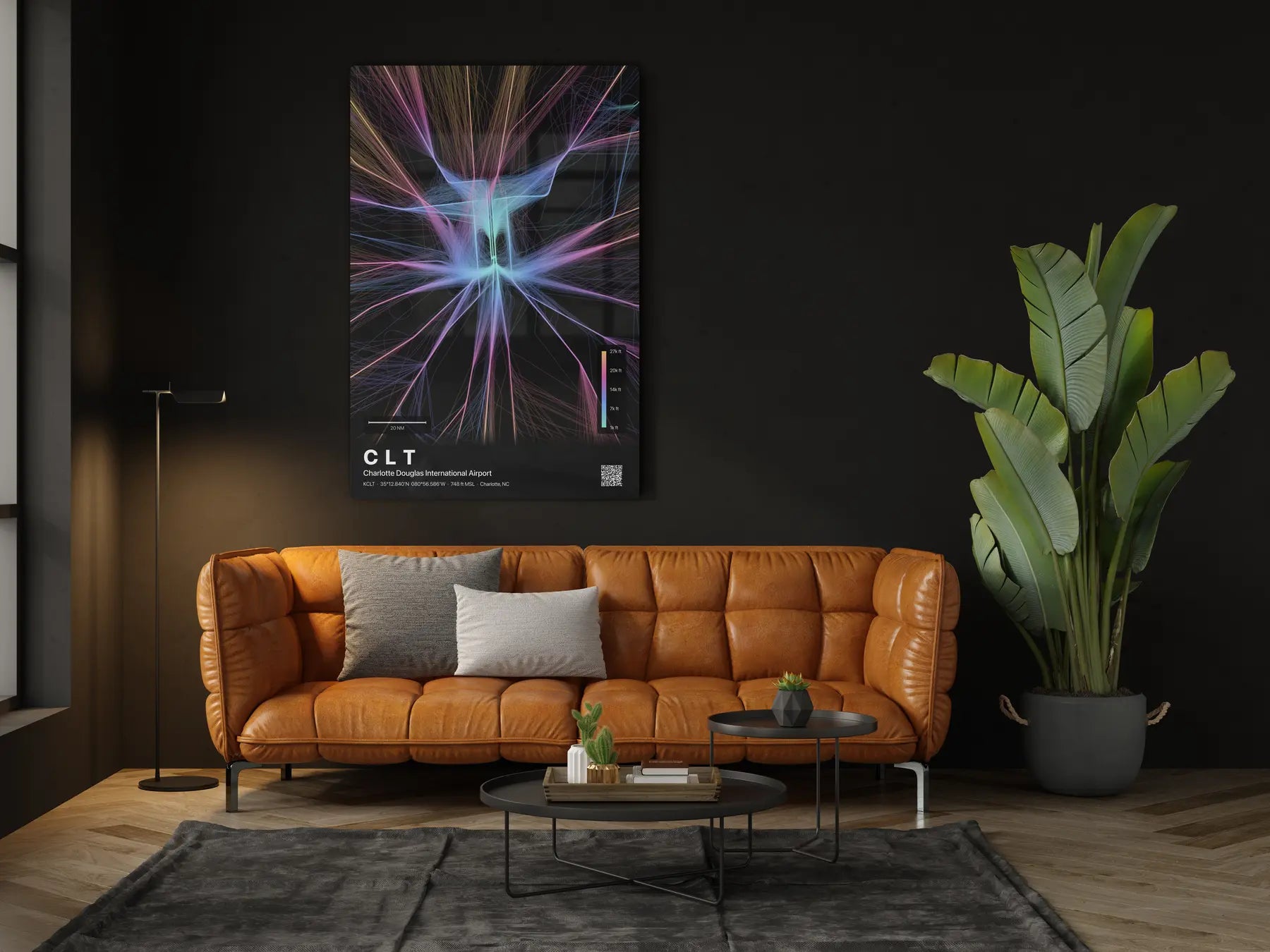 CLT flight path print — Aurora theme · Dark in living-room setting [hotspot:46]