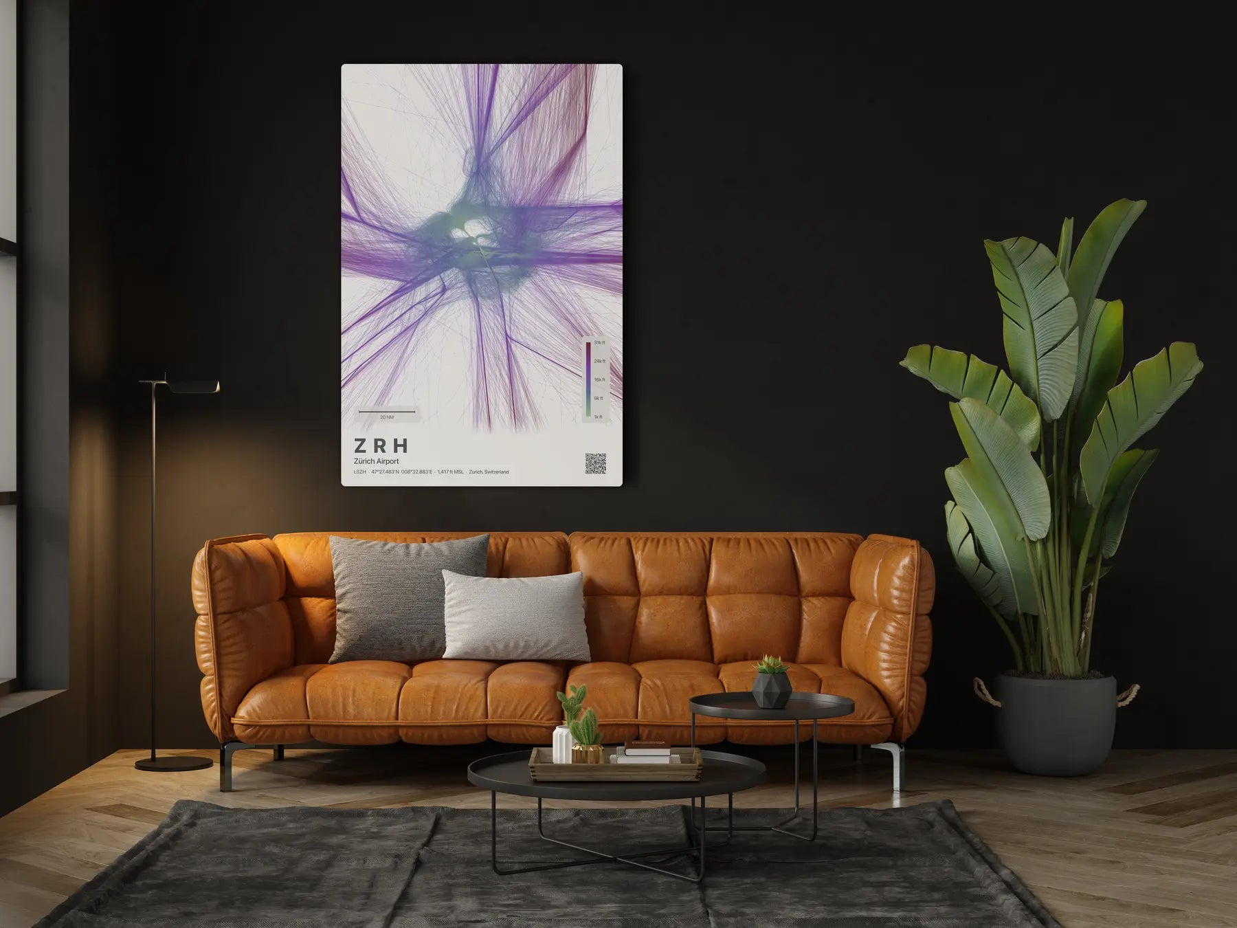 ZRH flight path print — Prism theme · Light in living-room setting [hotspot:46]
