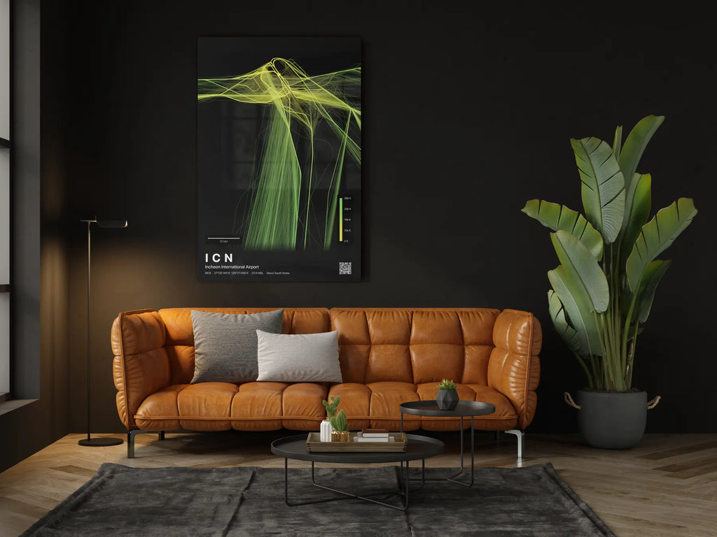 ICN flight path print — Citrus theme · Dark in living-room setting [hotspot:46]