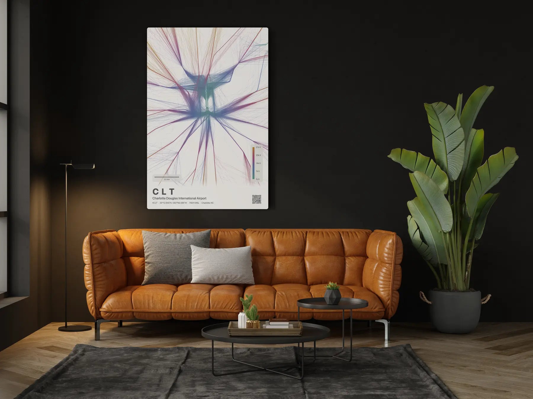 CLT flight path print — Aurora theme · Light in living-room setting [hotspot:46]