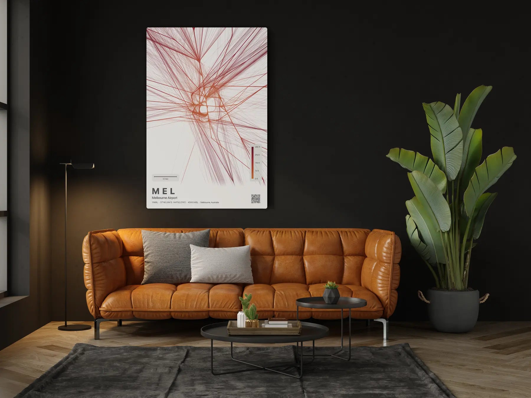 MEL flight path print — Inferno theme · Light in living-room setting [hotspot:46]