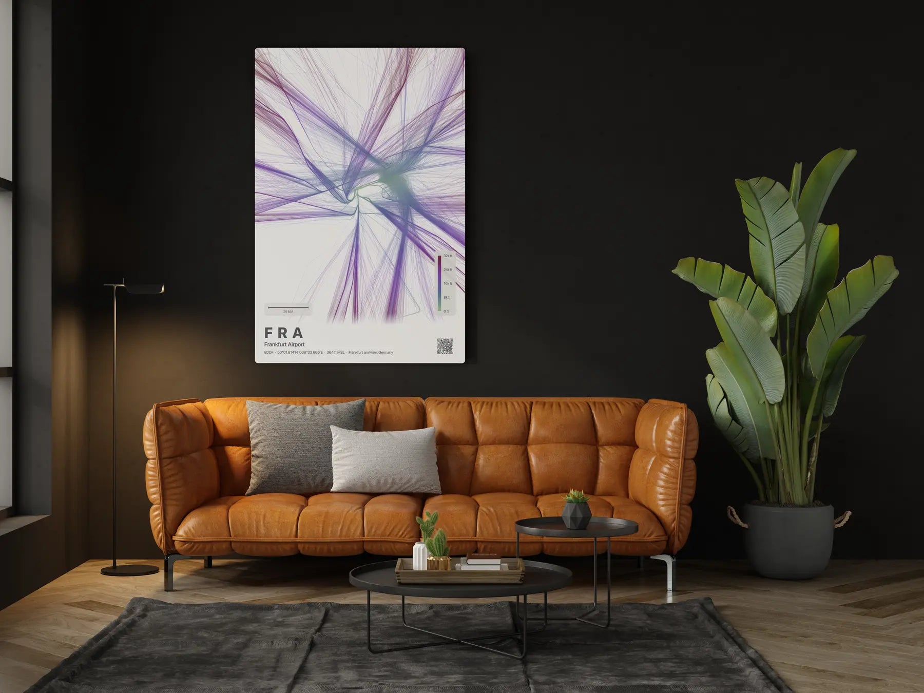 FRA flight path print — Prism theme · Light in living-room setting [hotspot:46]
