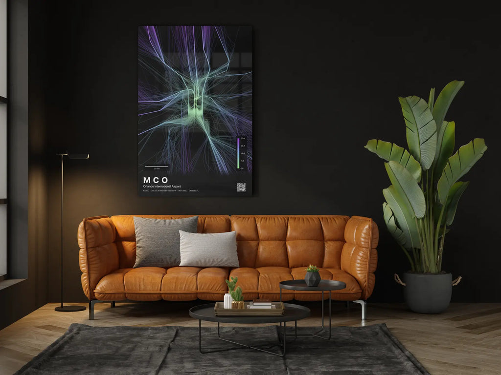 MCO flight path print — Prism theme · Dark in living-room setting [hotspot:46]