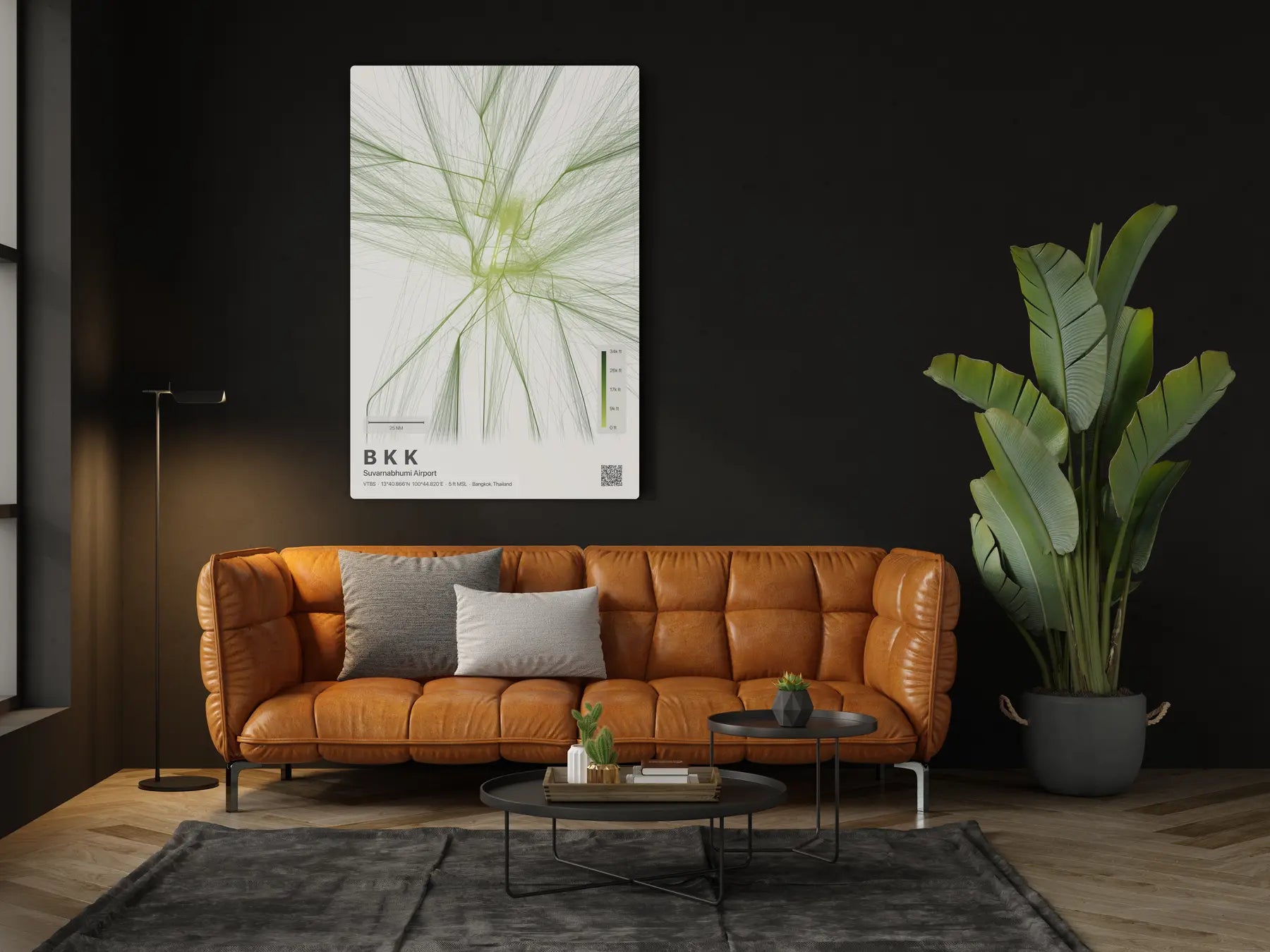 BKK flight path print — Citrus theme · Light in living-room setting [hotspot:46]