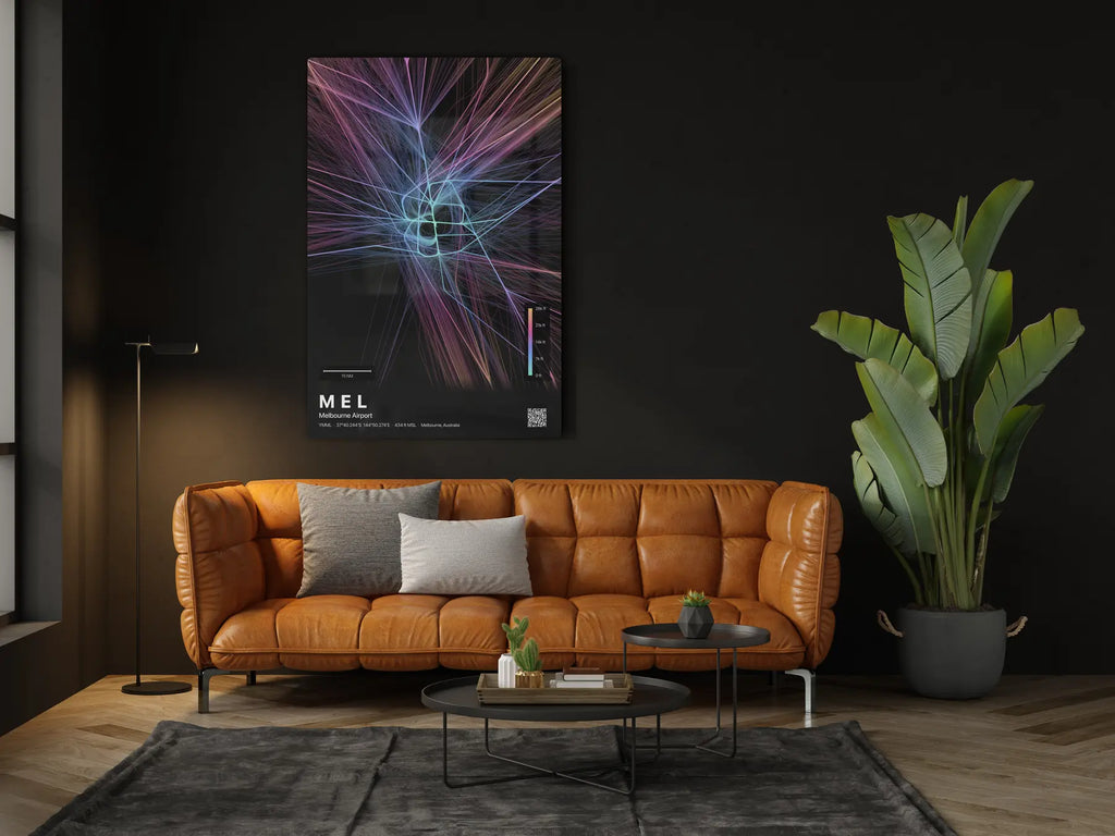 MEL flight path print — Aurora theme · Dark in living-room setting [hotspot:46]