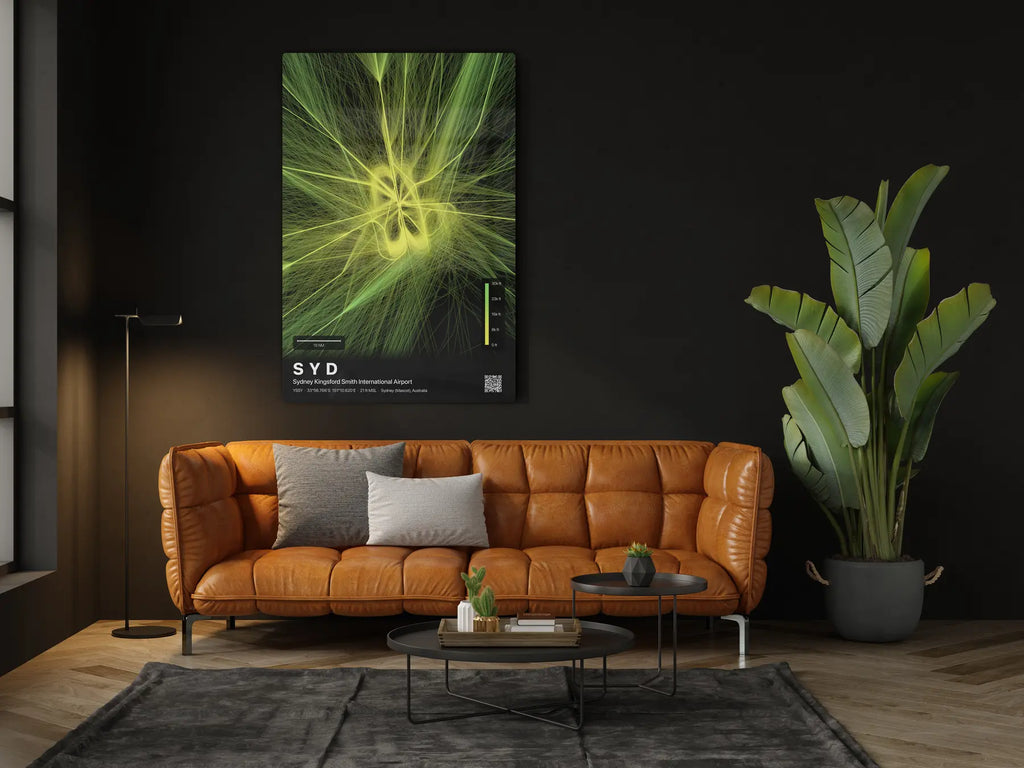 SYD flight path print — Citrus theme · Dark in living-room setting [hotspot:46]