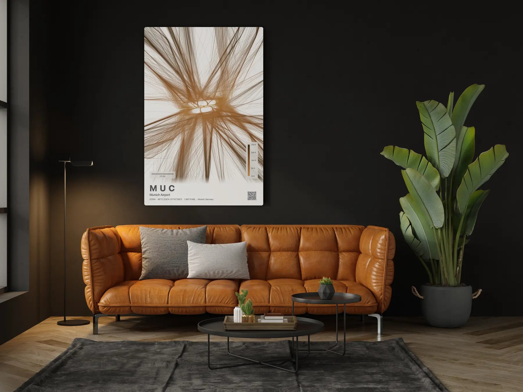 MUC flight path print — Solana theme · Light in living-room setting [hotspot:46]