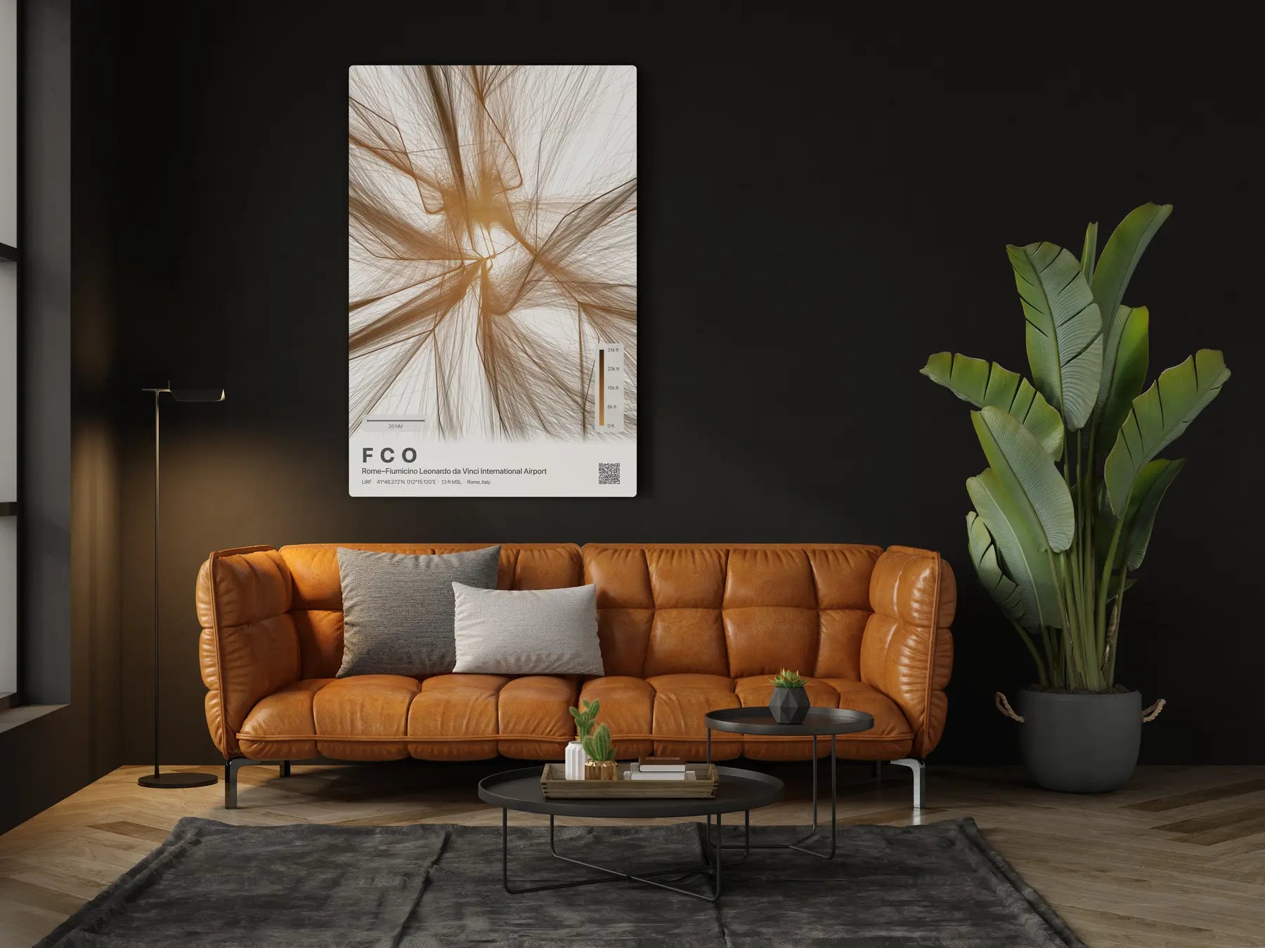 FCO flight path print — Solana theme · Light in living-room setting [hotspot:46]