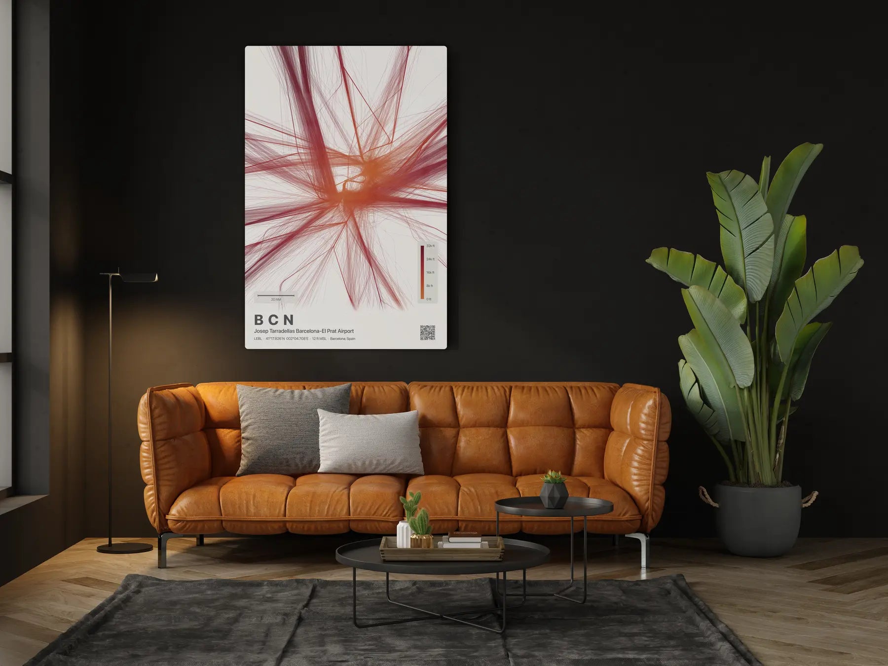 BCN flight path print — Inferno theme · Light in living-room setting [hotspot:46]
