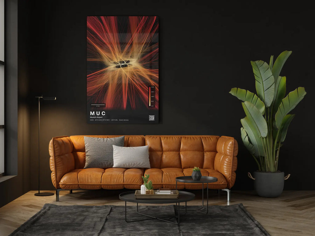 MUC flight path print — Inferno theme · Dark in living-room setting [hotspot:46]