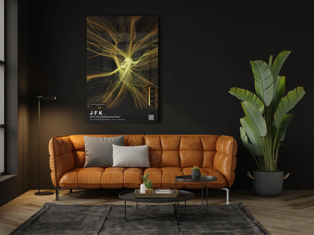 JFK flight path print — Solana theme · Dark in living-room setting [hotspot:46]