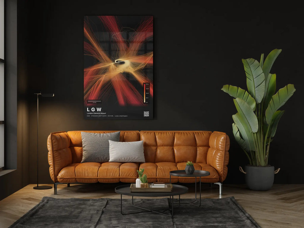 LGW flight path print — Inferno theme · Dark in living-room setting [hotspot:46]