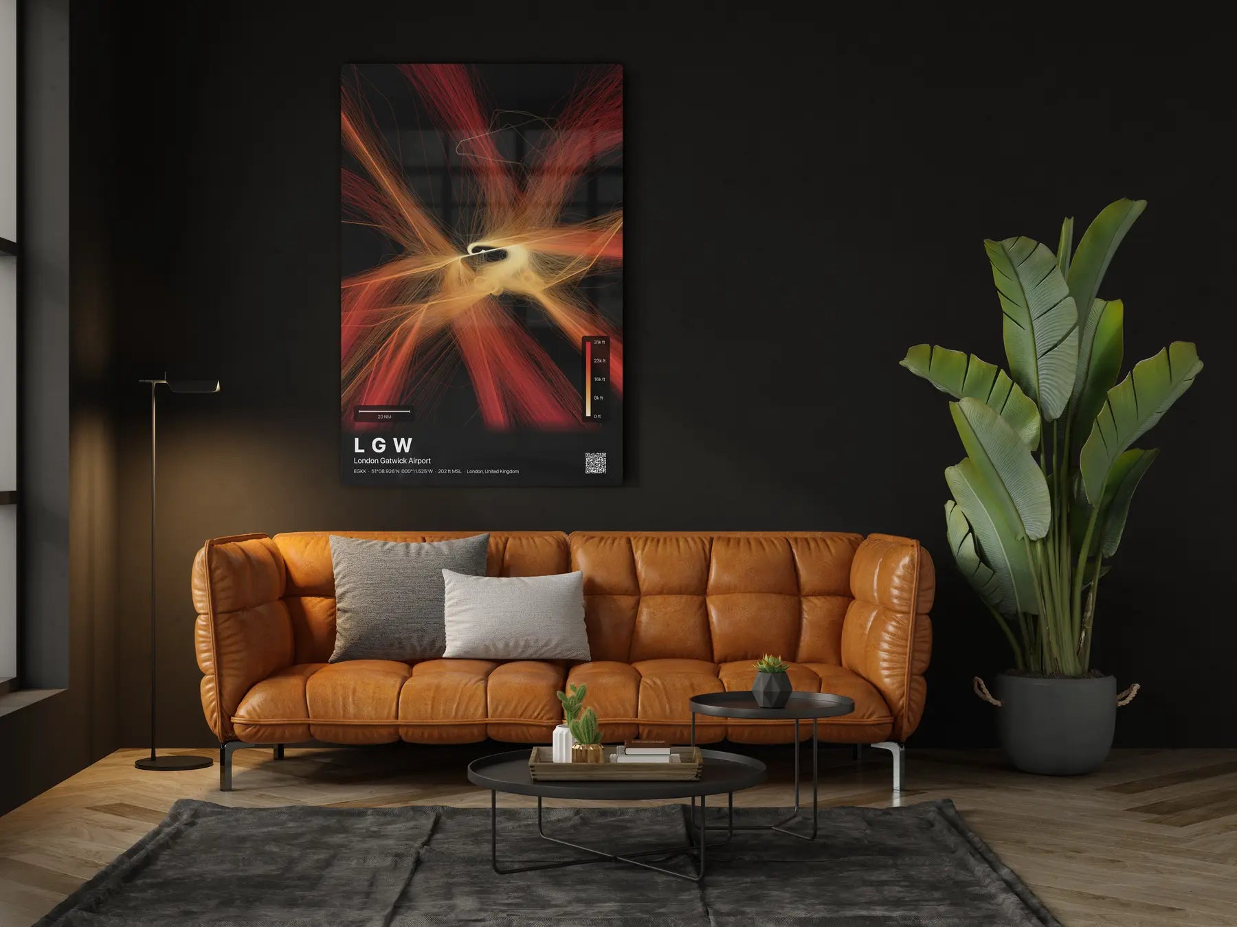 LGW flight path print — Inferno theme · Dark in living-room setting [hotspot:46]