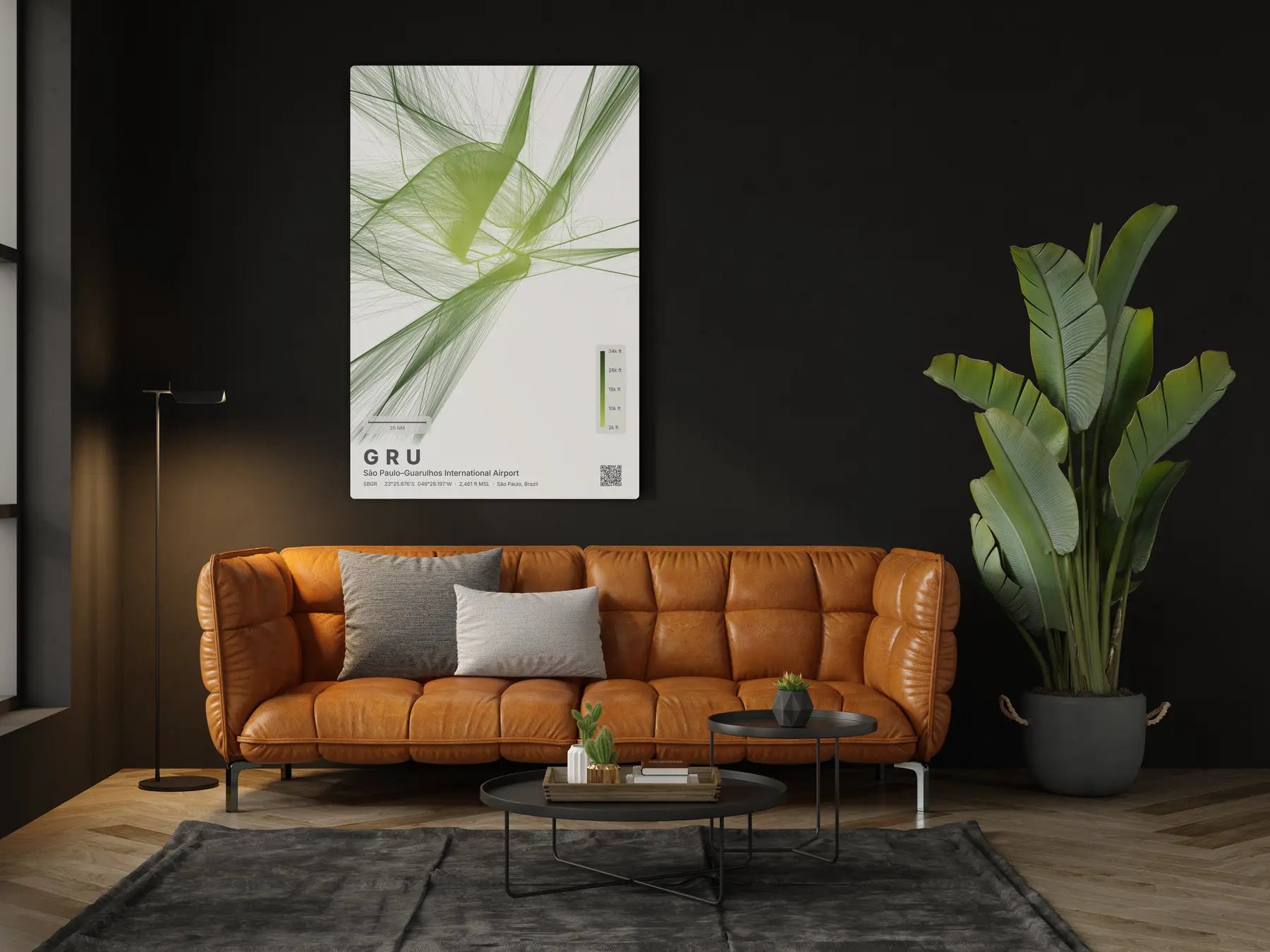 GRU flight path print — Citrus theme · Light in living-room setting [hotspot:46]