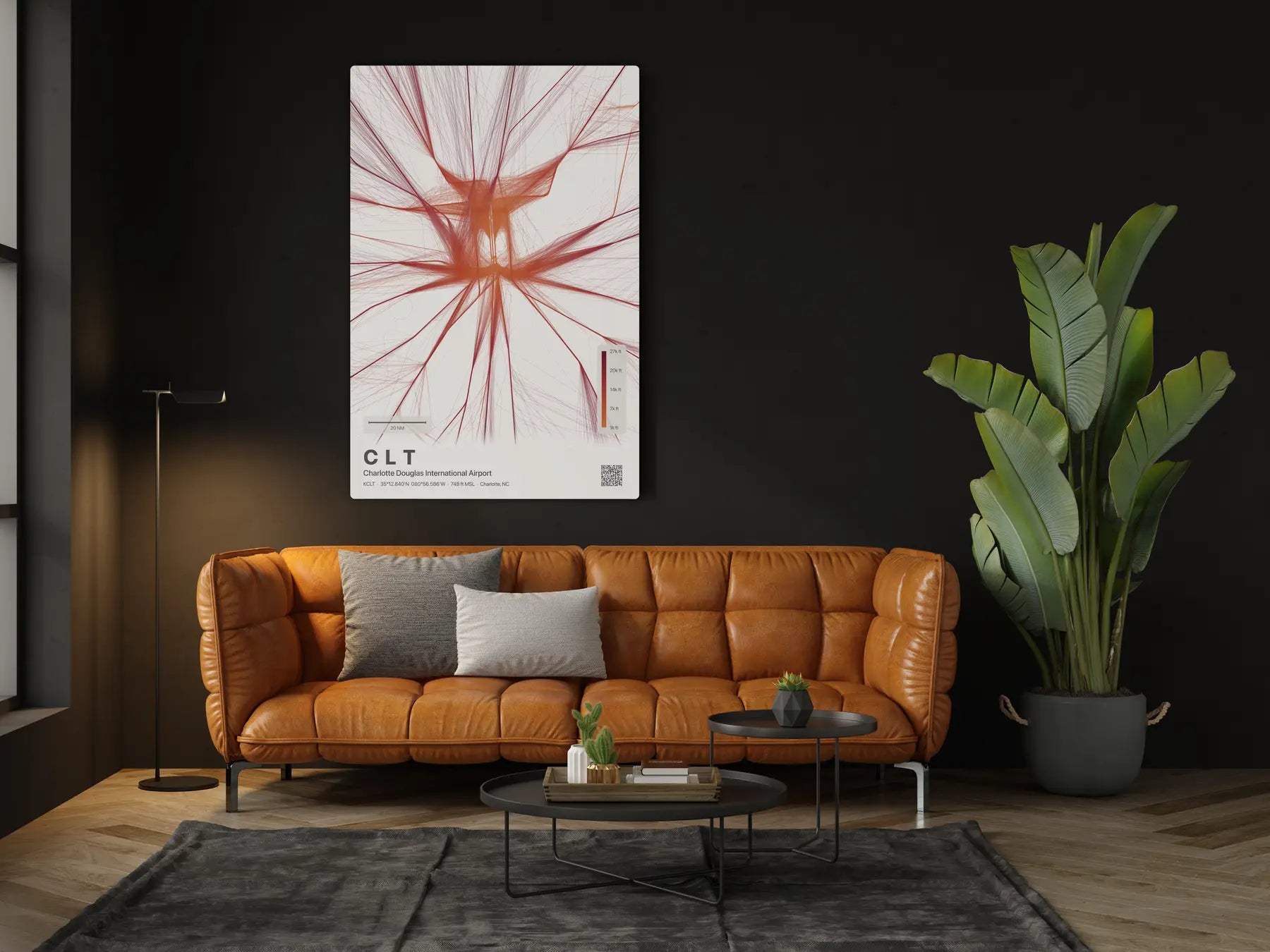 CLT flight path print — Inferno theme · Light in living-room setting [hotspot:46]