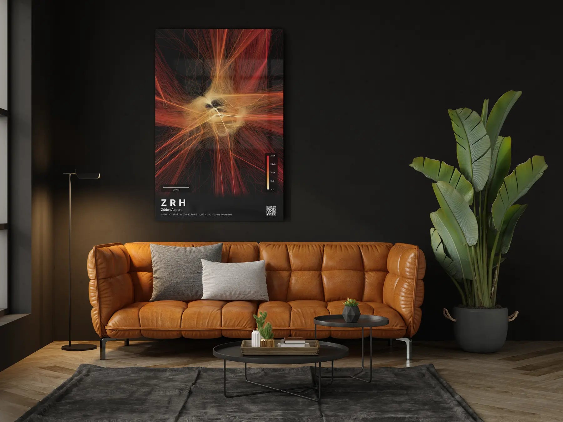 ZRH flight path print — Inferno theme · Dark in living-room setting [hotspot:46]