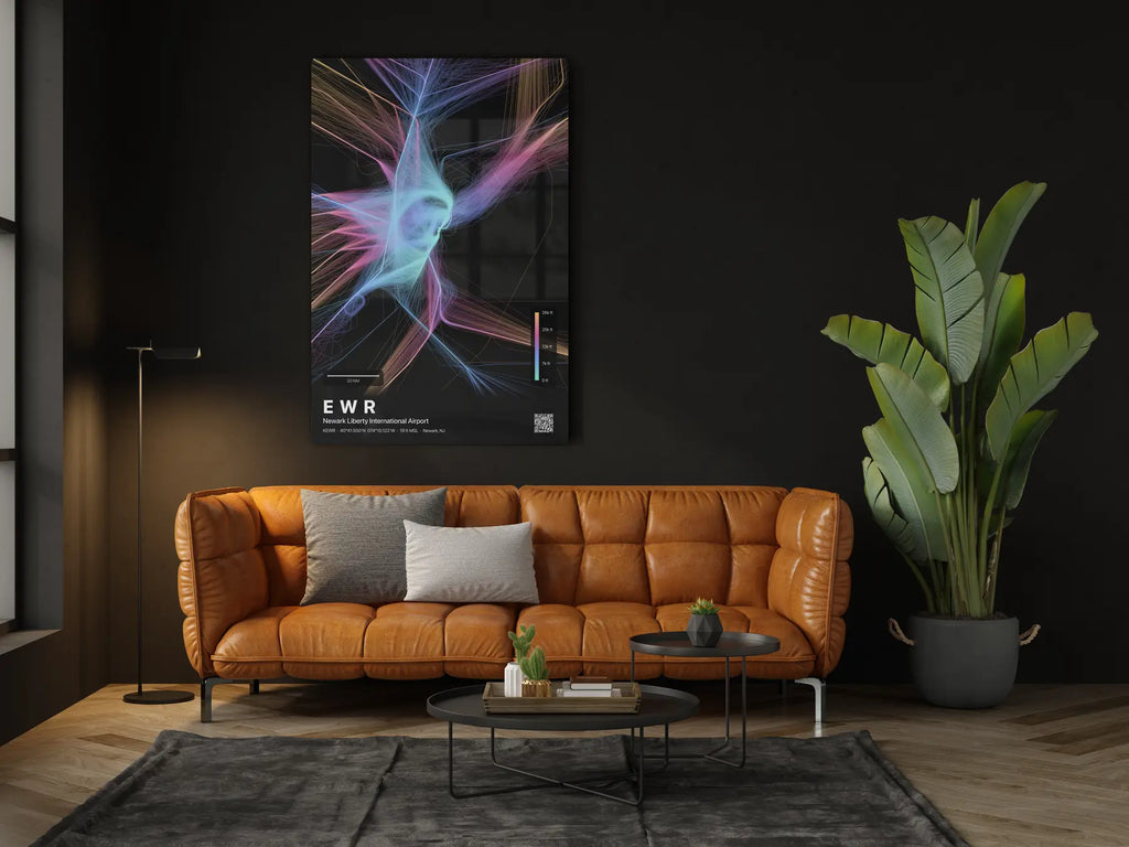 EWR flight path print — Aurora theme · Dark in living-room setting [hotspot:46]