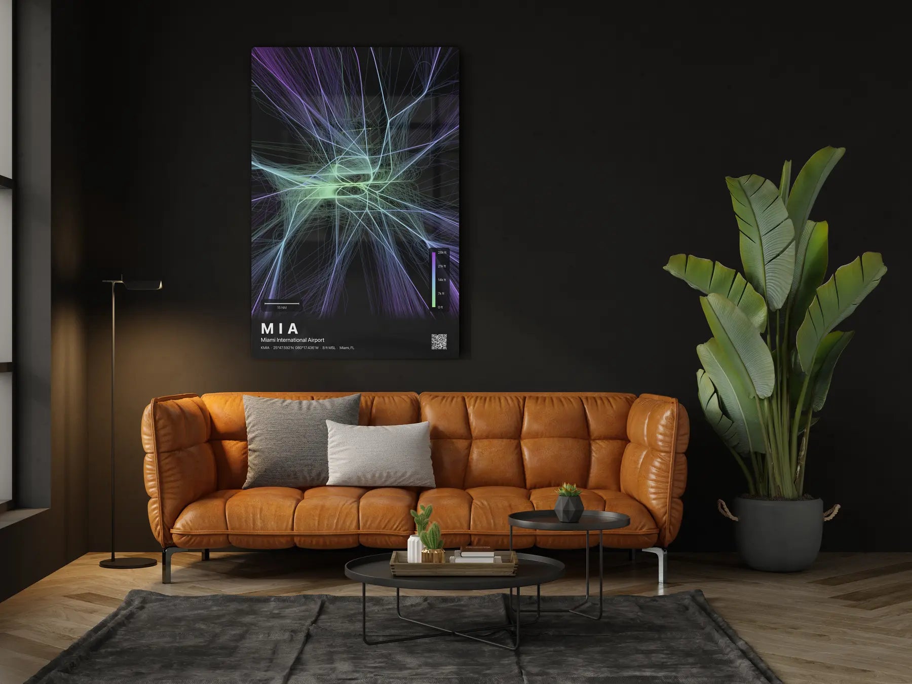 MIA flight path print — Prism theme · Dark in living-room setting [hotspot:46]