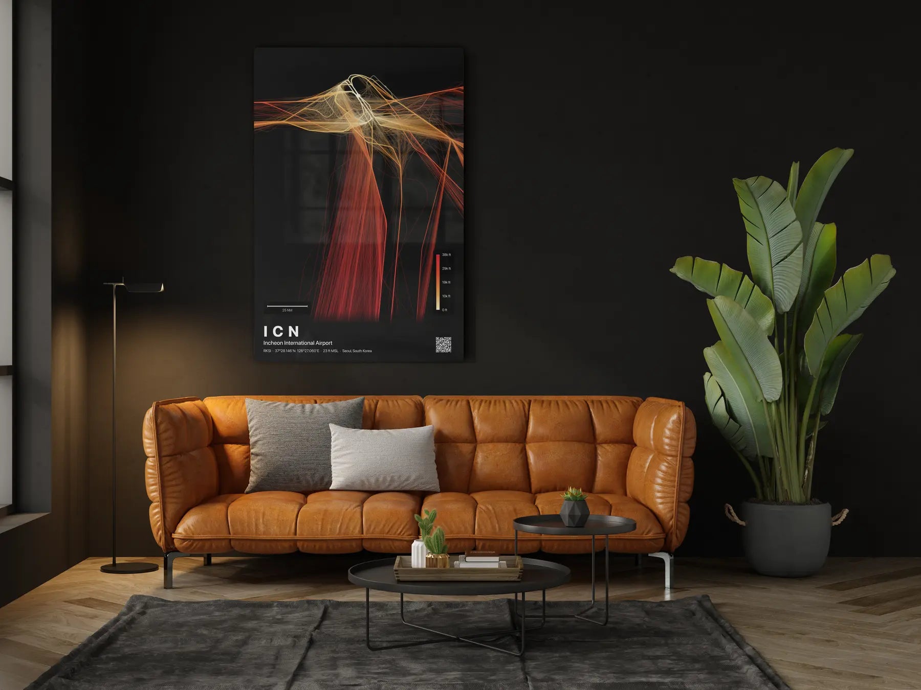 ICN flight path print — Inferno theme · Dark in living-room setting [hotspot:46]