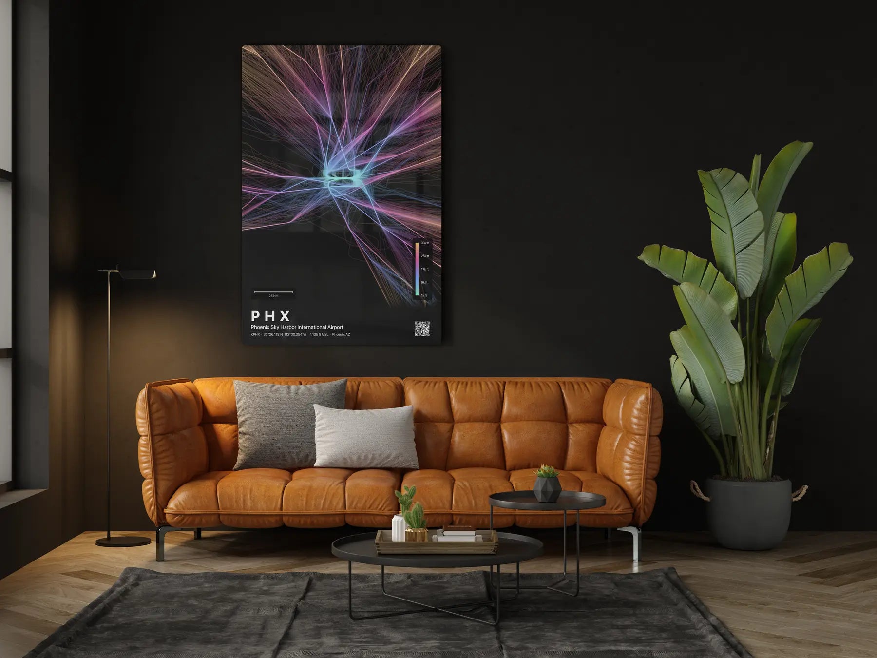 PHX flight path print — Aurora theme · Dark in living-room setting [hotspot:46]