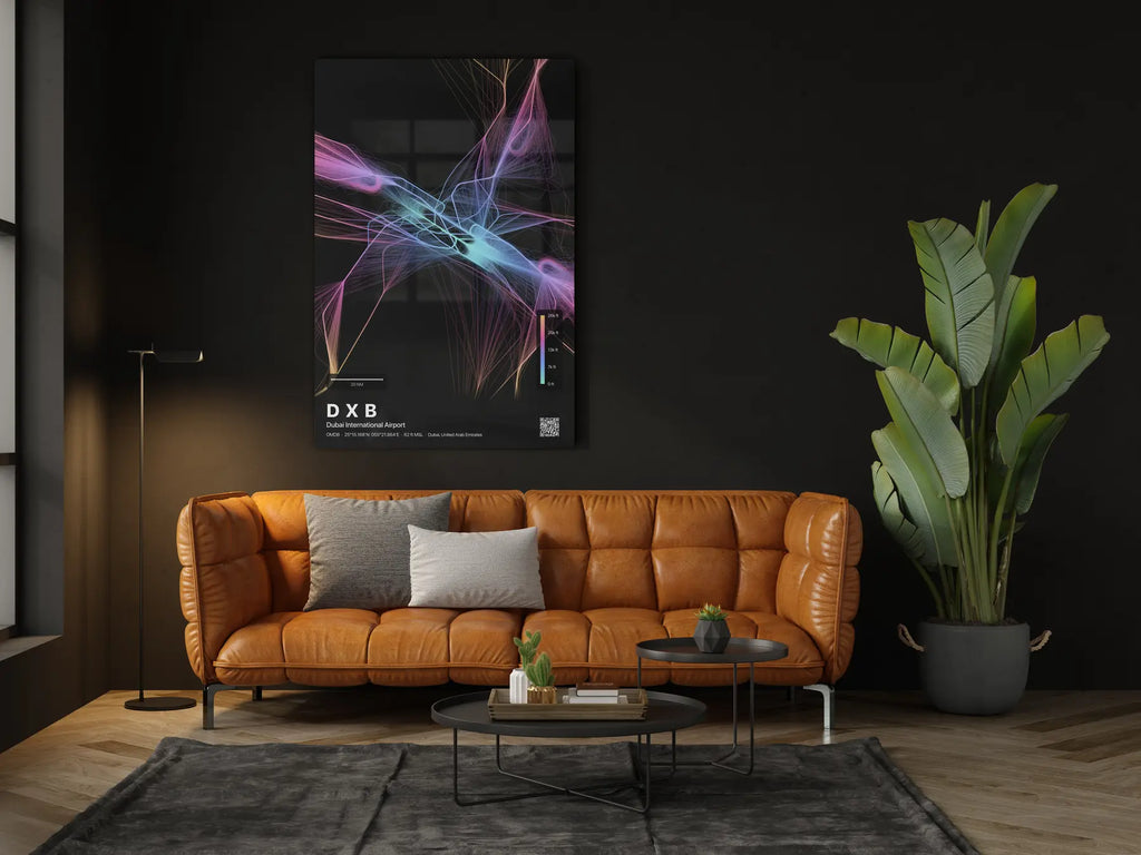 DXB flight path print — Aurora theme · Dark in living-room setting [hotspot:46]