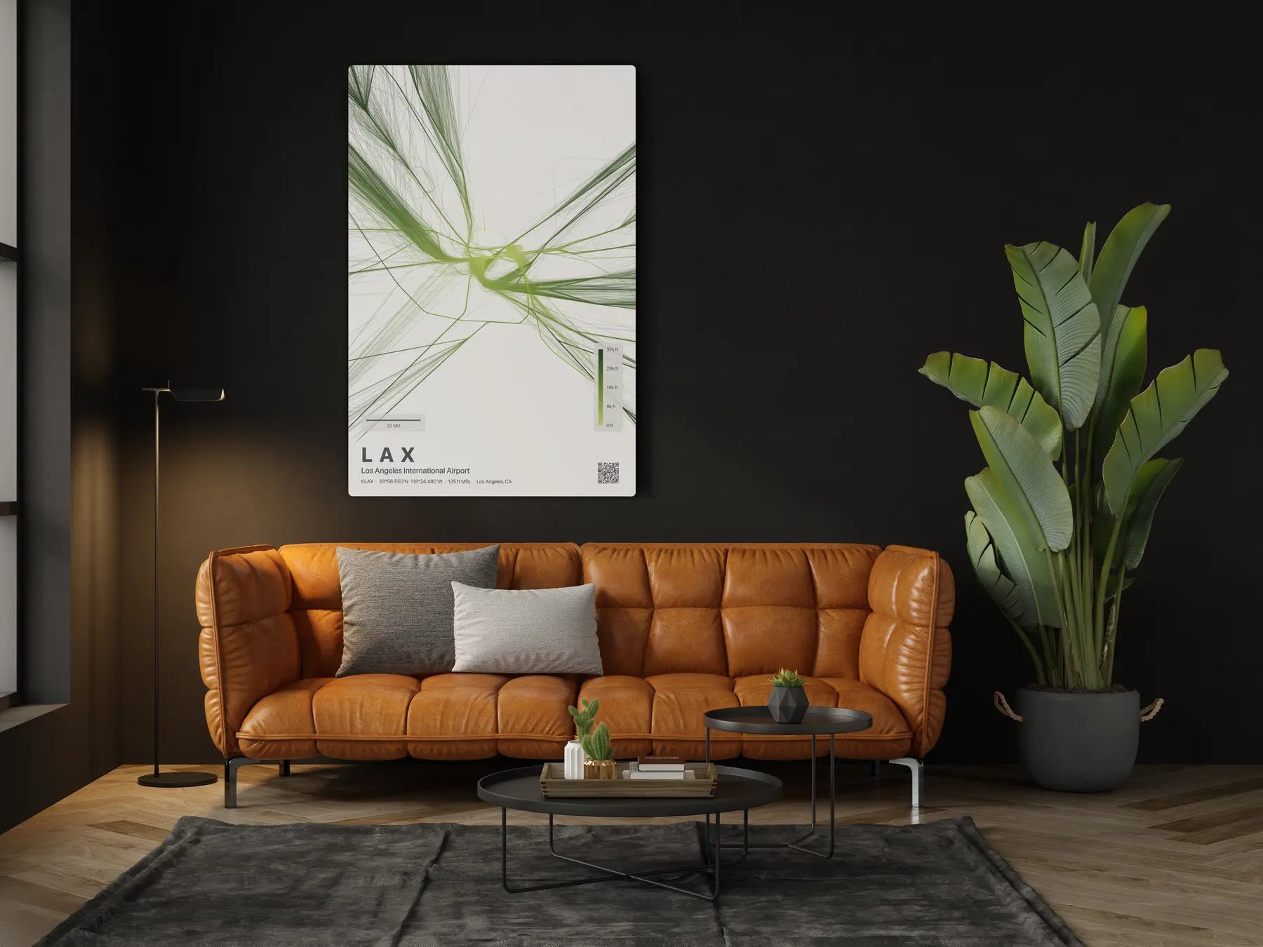 LAX flight path print — Citrus theme · Light in living-room setting [hotspot:46]
