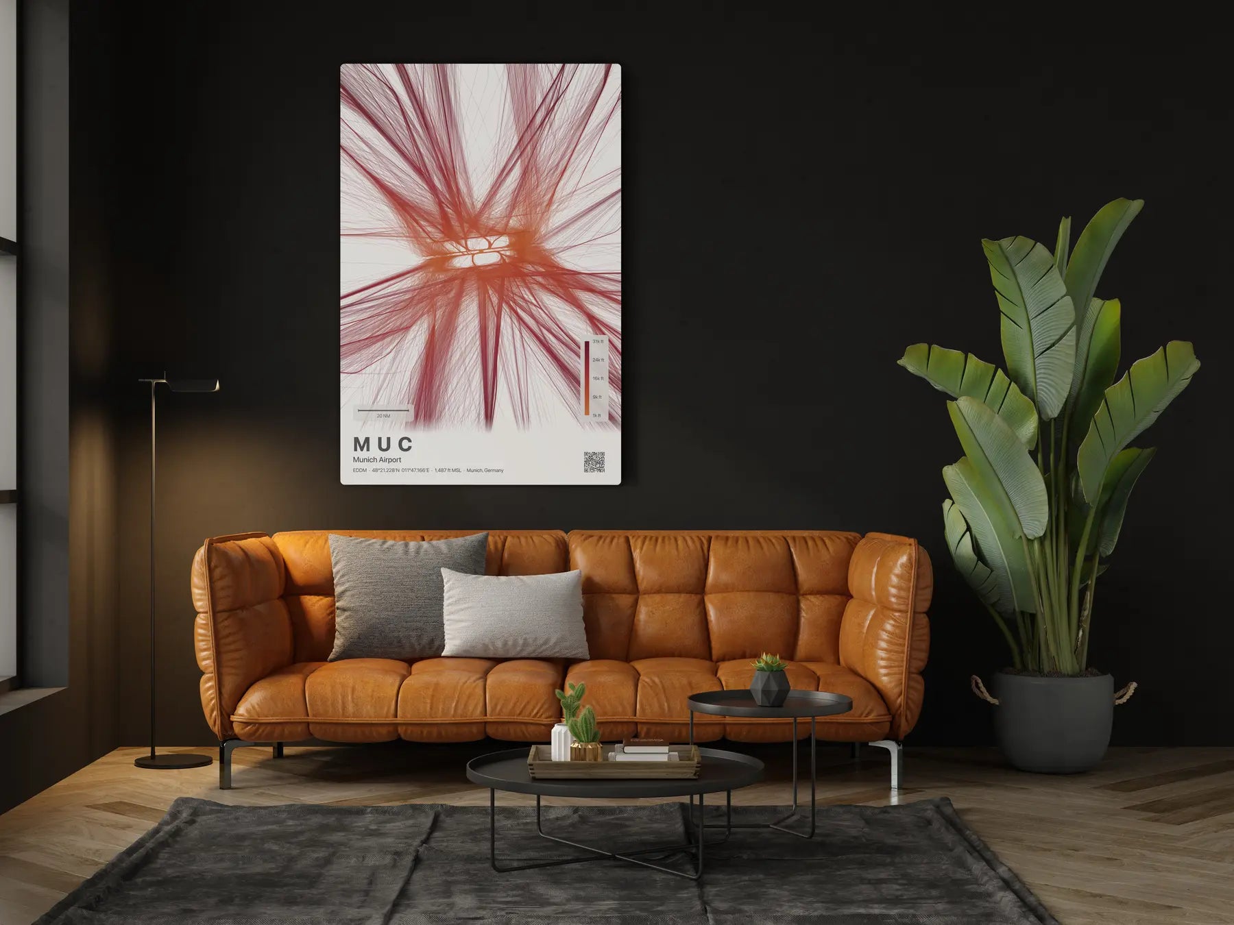 MUC flight path print — Inferno theme · Light in living-room setting [hotspot:46]