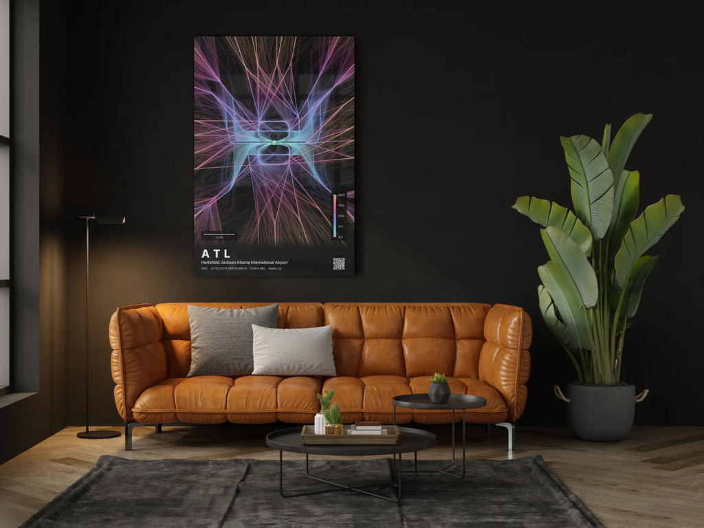 ATL flight path print — Aurora theme · Dark in living-room setting [hotspot:46]