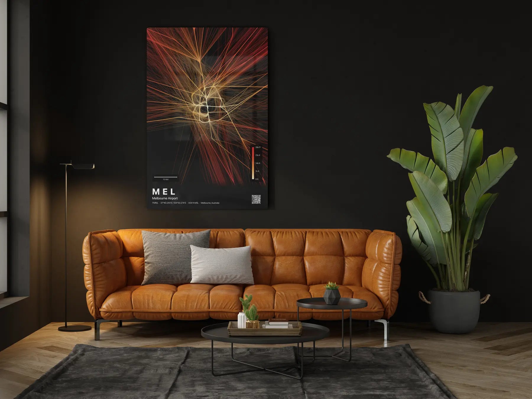 MEL flight path print — Inferno theme · Dark in living-room setting [hotspot:46]