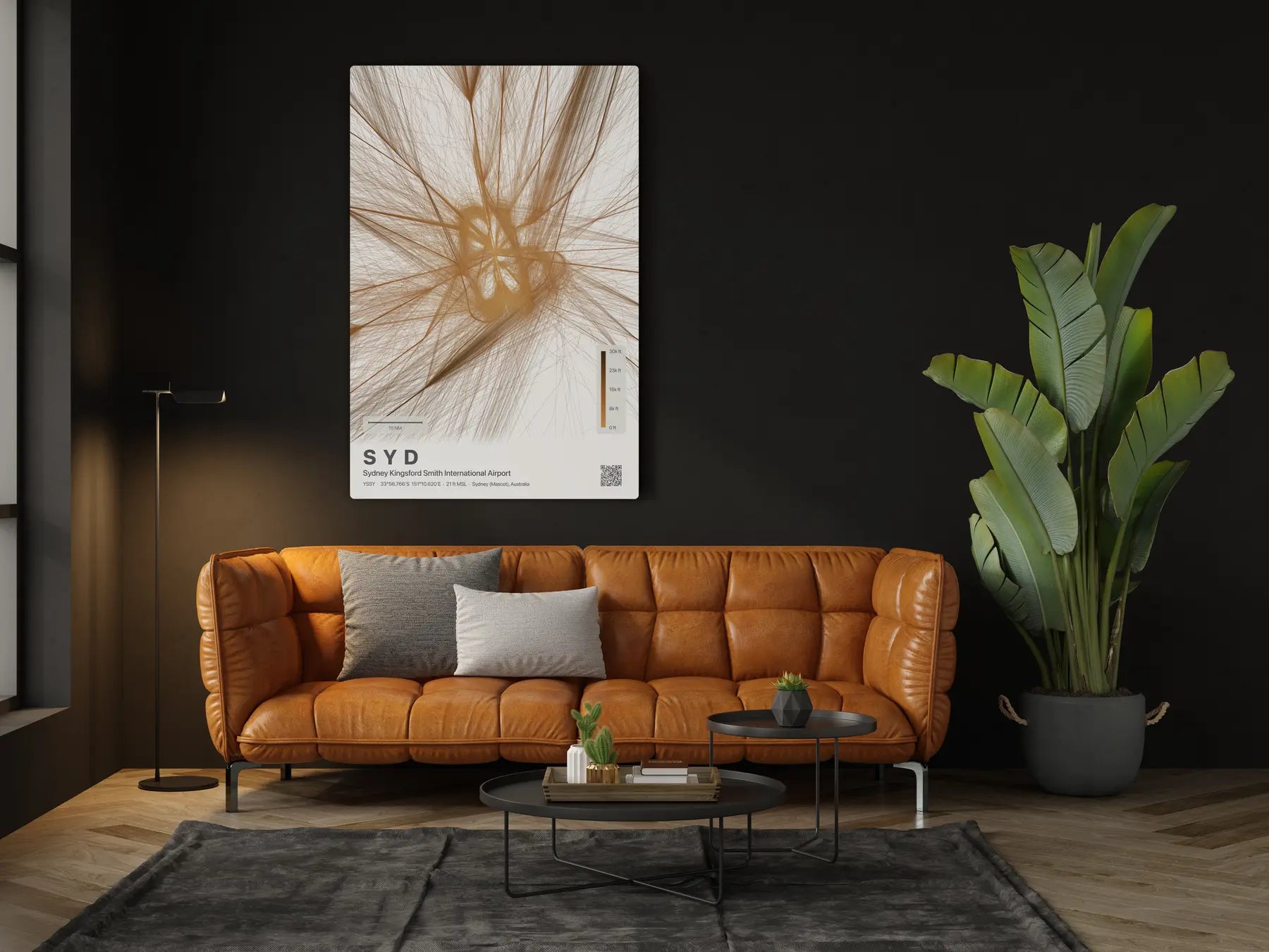 SYD flight path print — Solana theme · Light in living-room setting [hotspot:46]