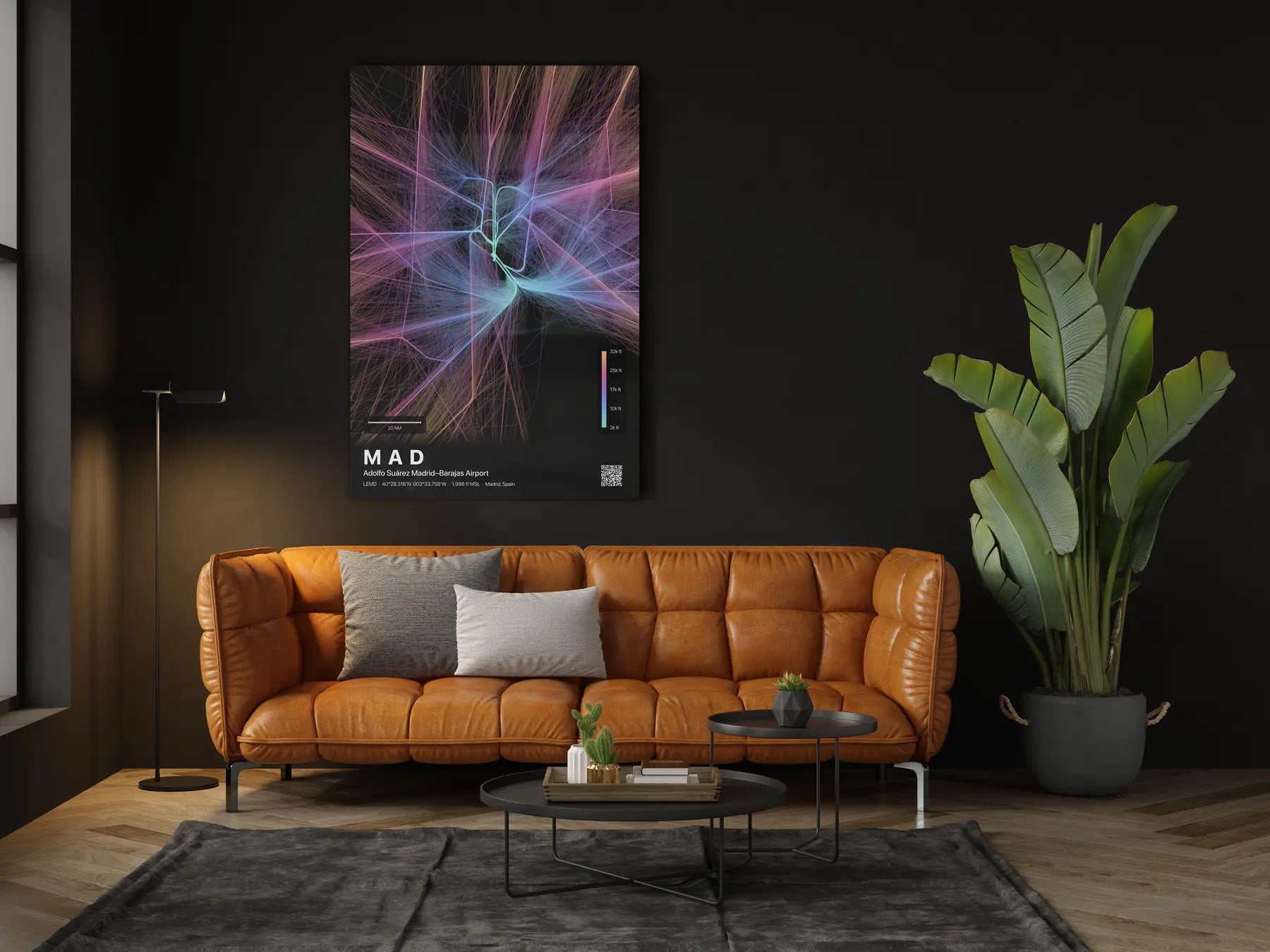 MAD flight path print — Aurora theme · Dark in living-room setting [hotspot:46]