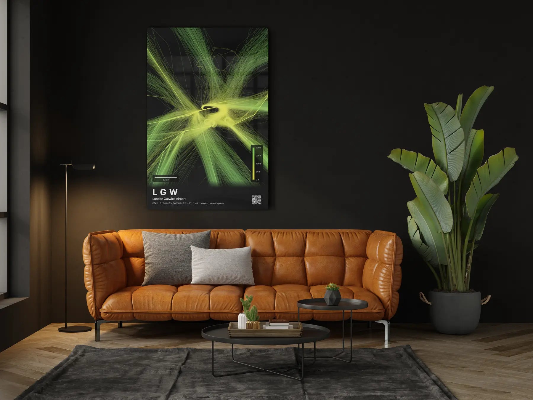 LGW flight path print — Citrus theme · Dark in living-room setting [hotspot:46]
